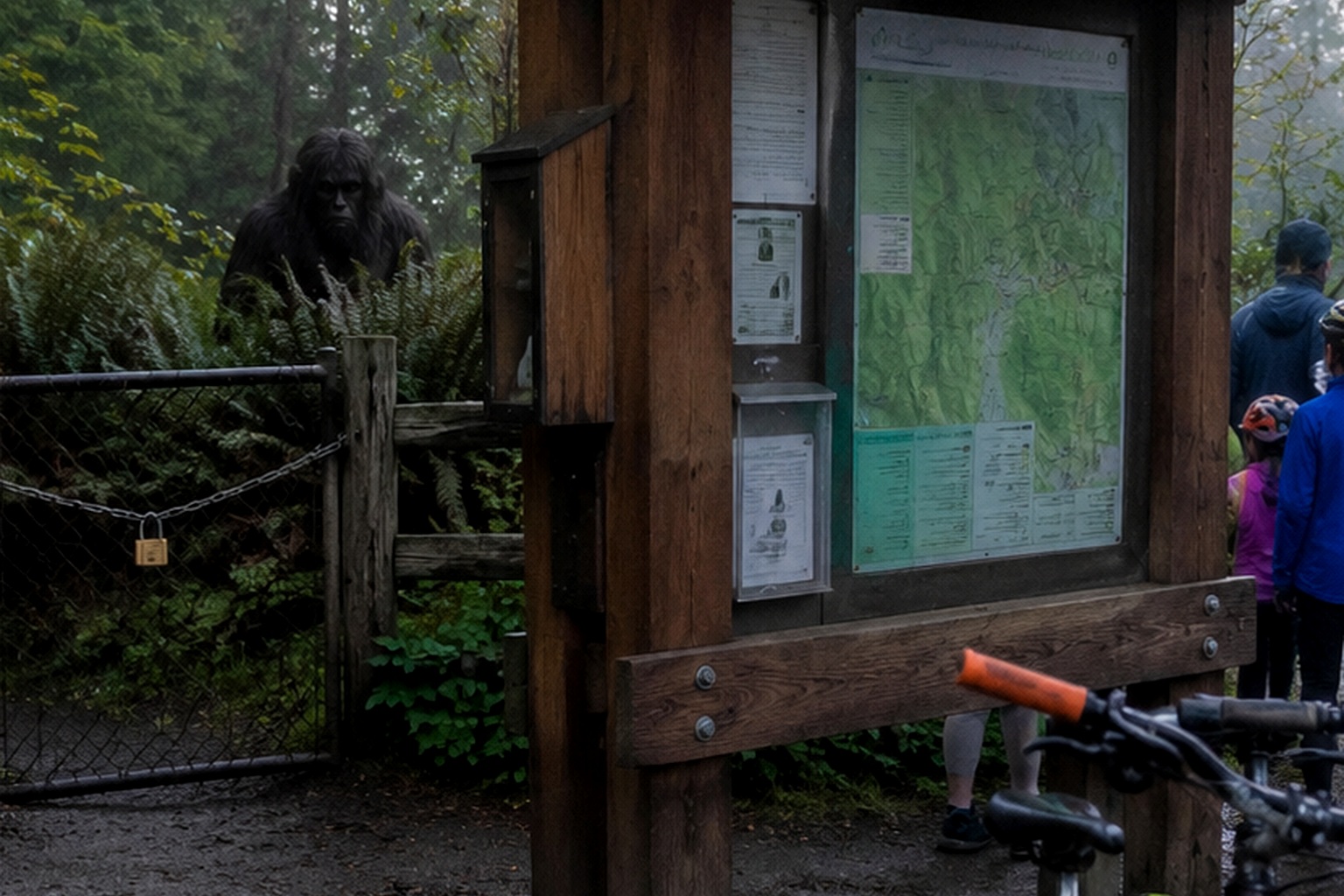 Editorial recreation of the Mountain Bike Trail Camera Showed A Hairy Figure Behind The Trail Map Kiosk story, image 2.