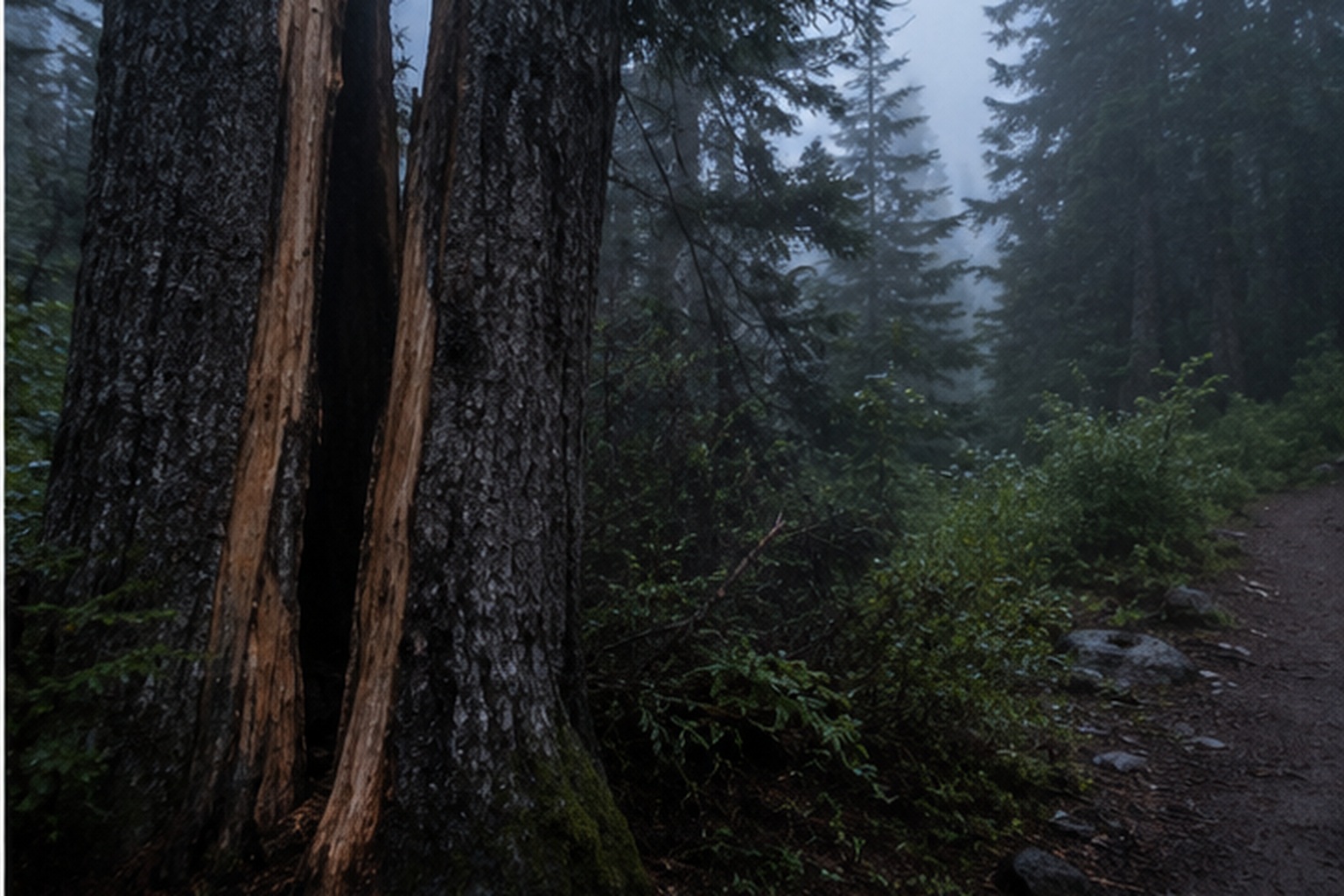The Mountain Bike Trail Camera Showed A Massive Shape Behind The Split Cedar reconstructed scene image 2