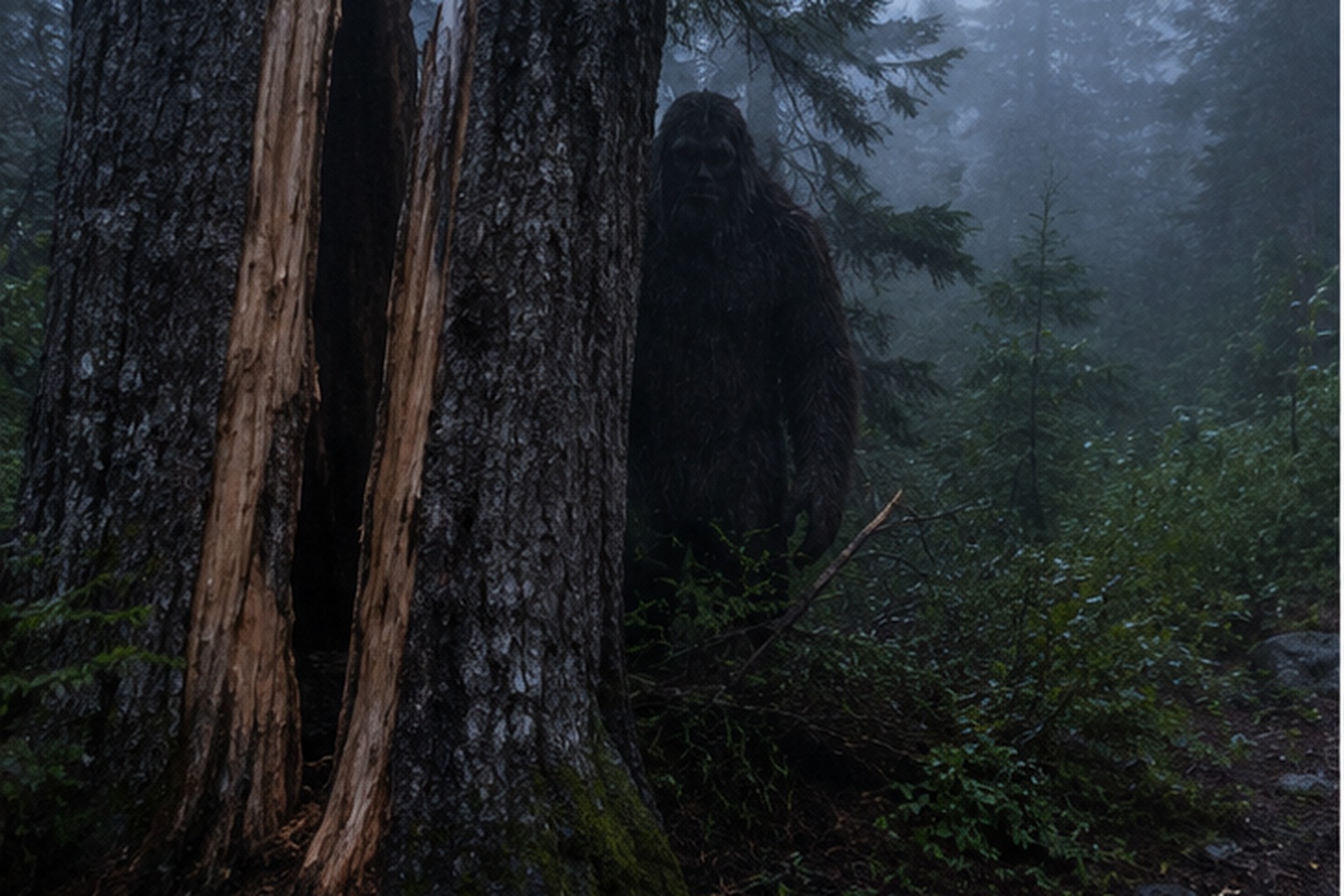 The Mountain Bike Trail Camera Showed A Massive Shape Behind The Split Cedar reconstructed scene image 3