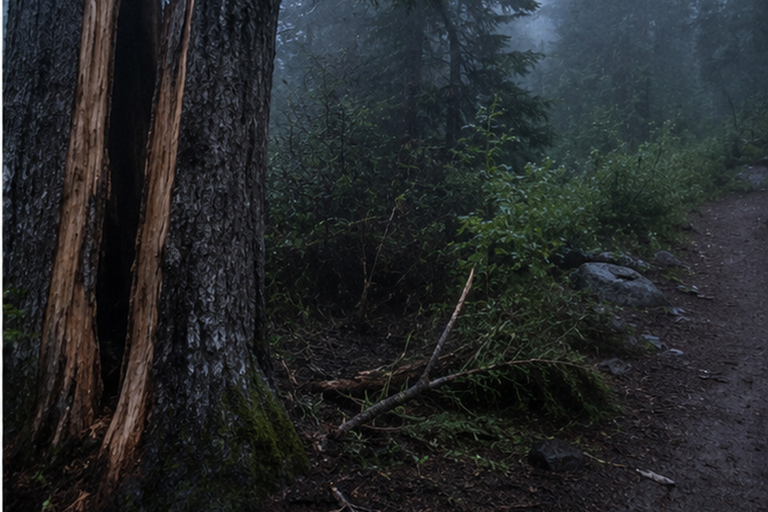 The Mountain Bike Trail Camera Showed A Massive Shape Behind The Split Cedar reconstructed scene image 4