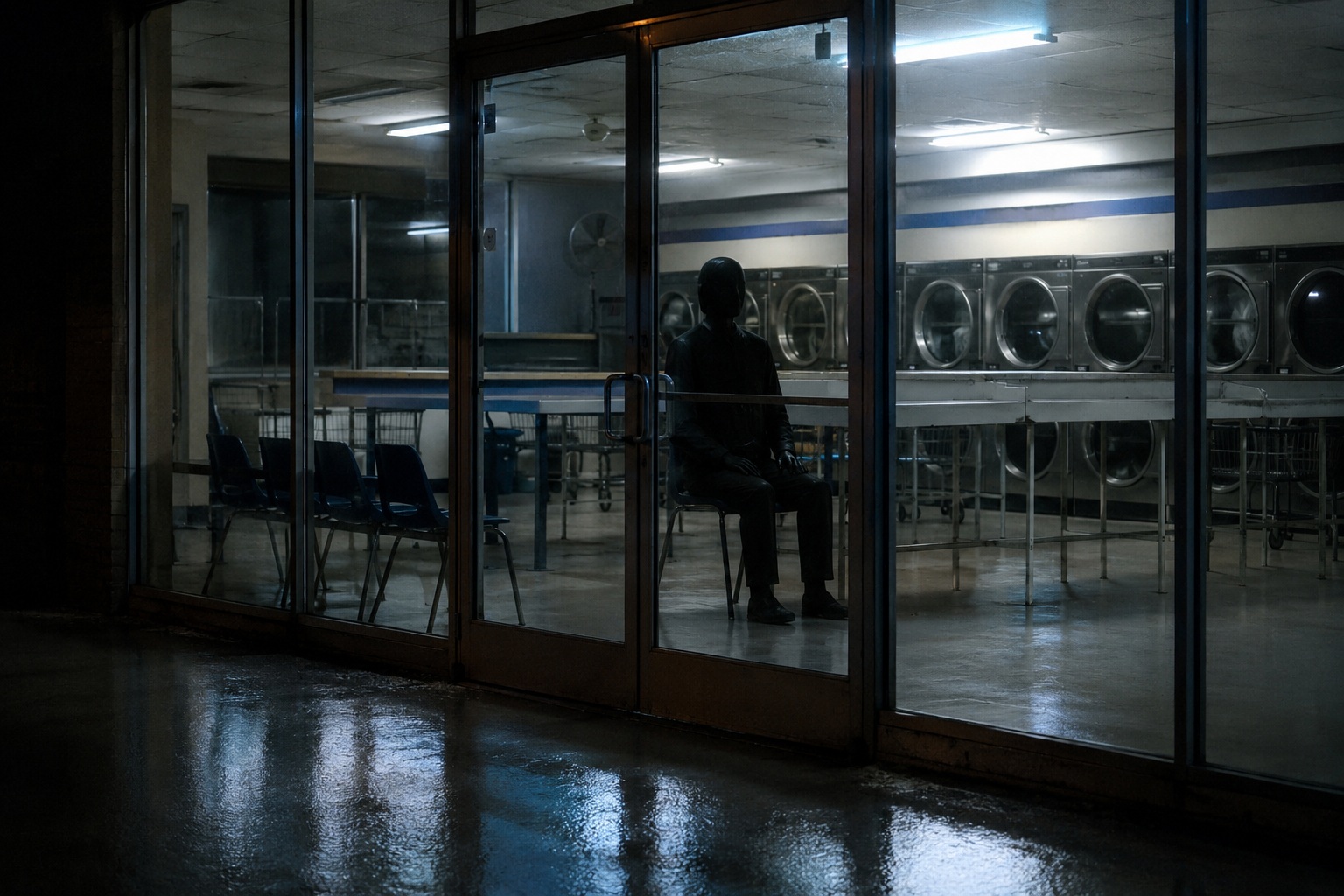 Editorial recreation of the Night Cleaner Found A Man Sitting In The Closed Laundromat story, image 1.