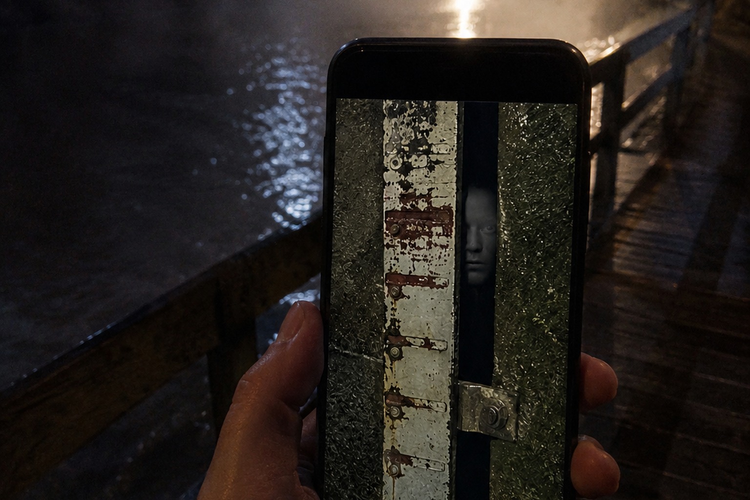 Editorial recreation of the Night Walk Photo On The Canal Footbridge Showed A Face Behind The Flood Gauge story, image 2.