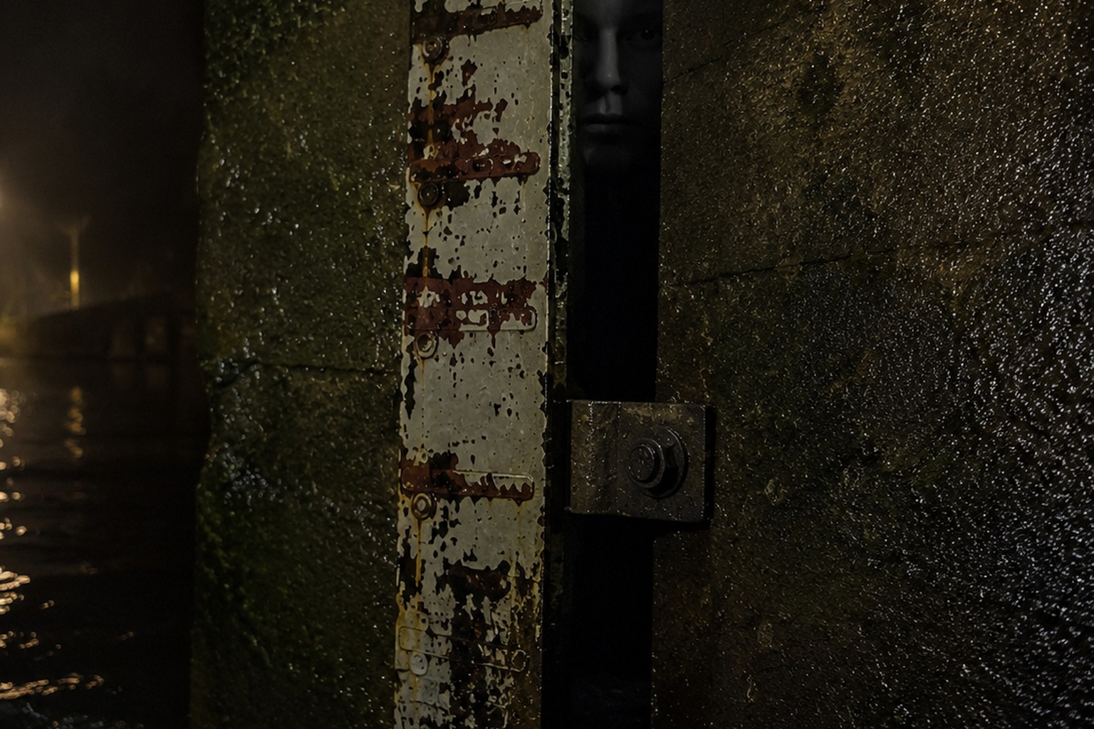 Editorial recreation of the Night Walk Photo On The Canal Footbridge Showed A Face Behind The Flood Gauge story, image 3.