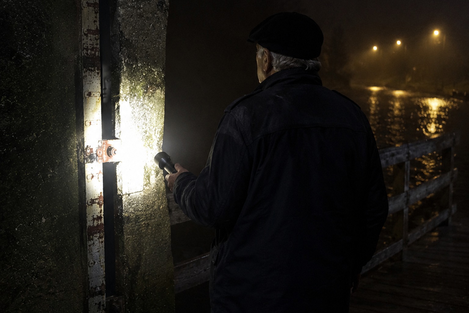 Editorial recreation of the Night Walk Photo On The Canal Footbridge Showed A Face Behind The Flood Gauge story, image 4.