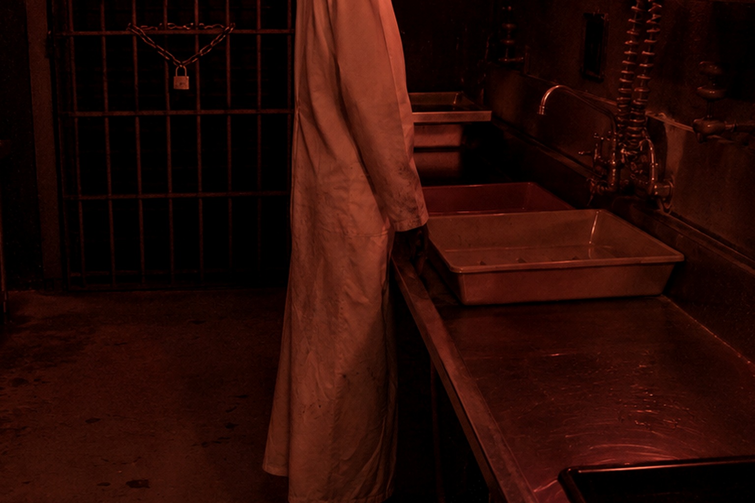 Editorial recreation of the Old Photo Lab Darkroom Camera Showed A White Apron Figure Standing Beside The Developing Sink story, image 2.