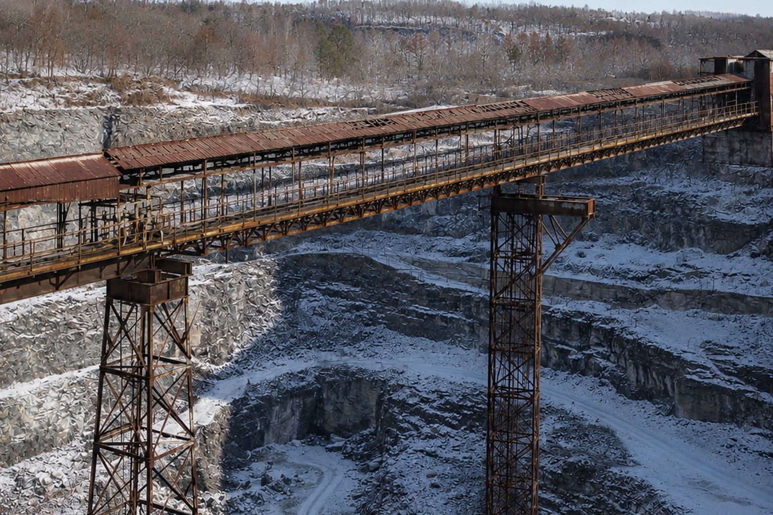 Editorial recreation of the Old Quarry Conveyor Photo Showed A Broad Hairy Figure Crossing The Rusted Catwalk story, image 3.