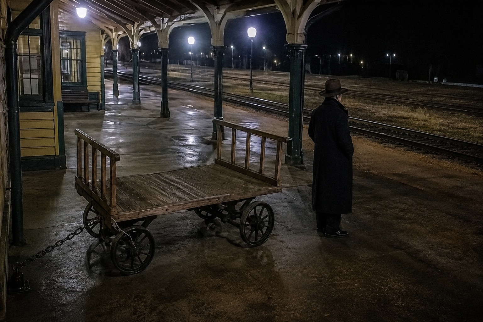 Editorial recreation of the Old Train Depot Platform Camera Showed A Shadow Passenger Waiting Beside The Baggage Cart story, image 1.