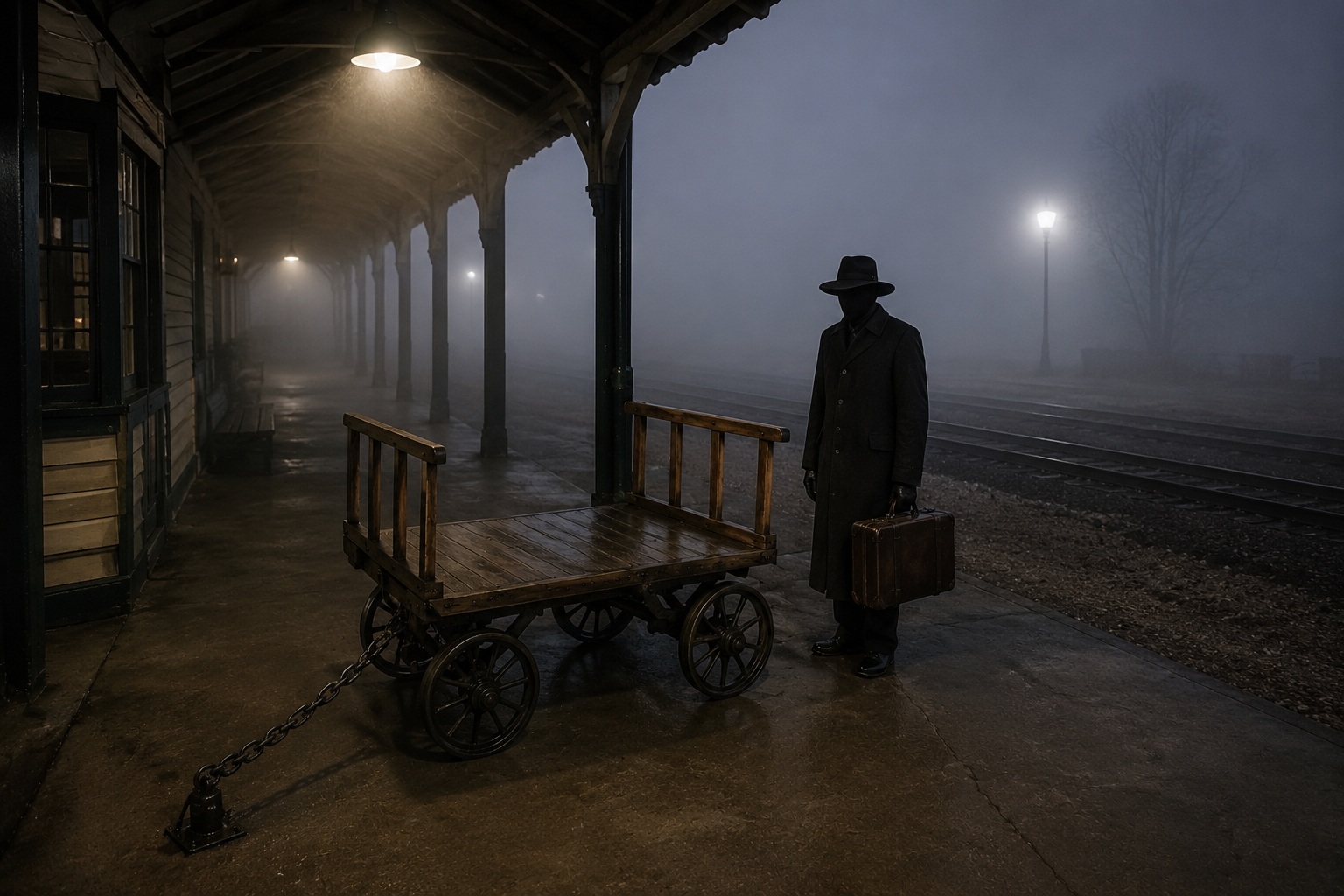 Editorial recreation of the Old Train Depot Platform Camera Showed A Shadow Passenger Waiting Beside The Baggage Cart story, image 3.