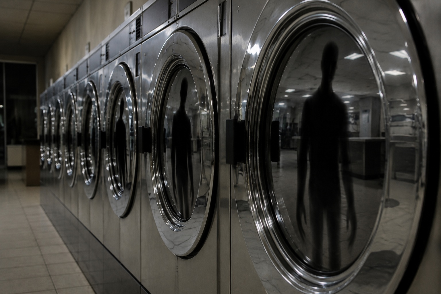 Editorial recreation of the Overnight Laundromat Camera Showed A Faceless Man Reflected In Every Washer Door story, image 4.