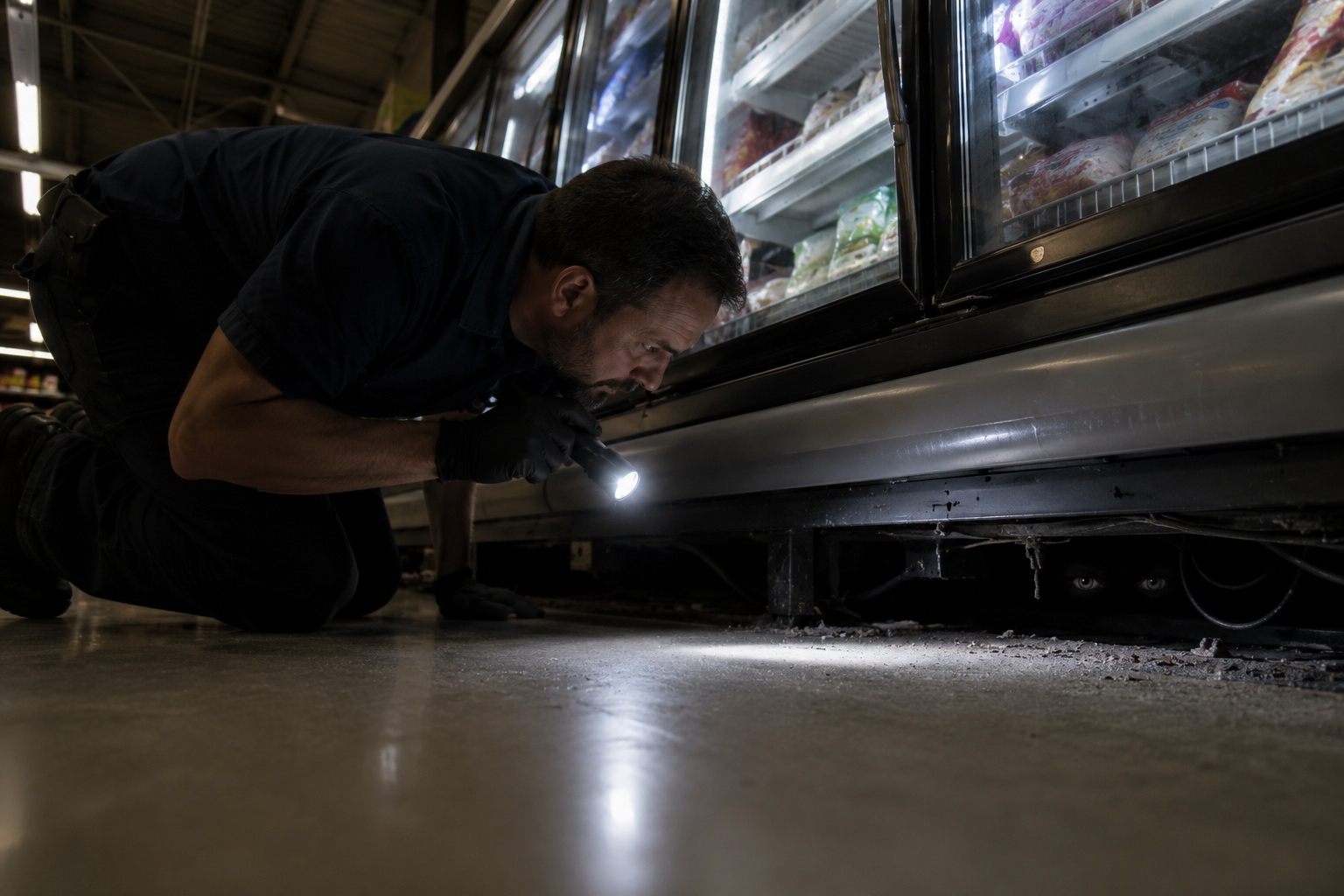 Editorial recreation of the Pest Control Worker Saw Eyes Under The Grocery Store Freezer Case story, image 2.