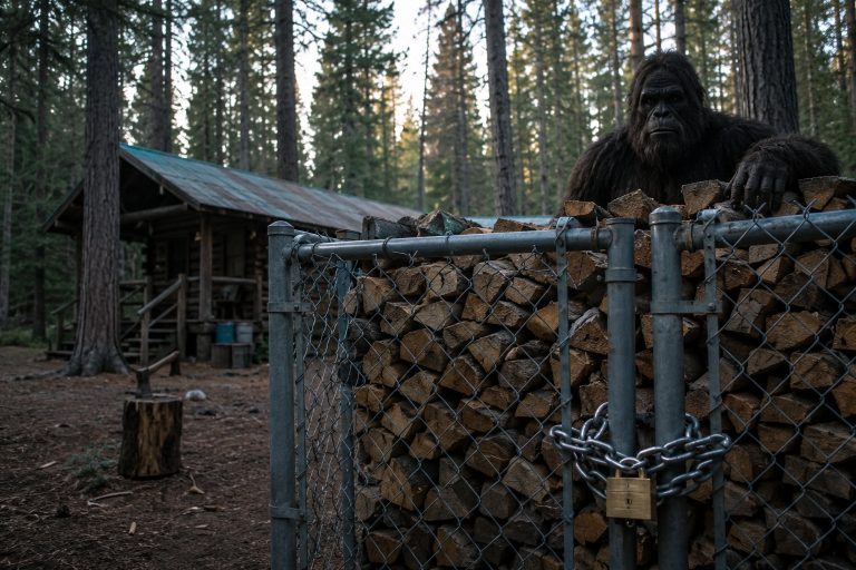 Editorial recreation of the Ranger Cabin Camera Caught Bigfoot Watching From Behind The Woodpile story, image 1.