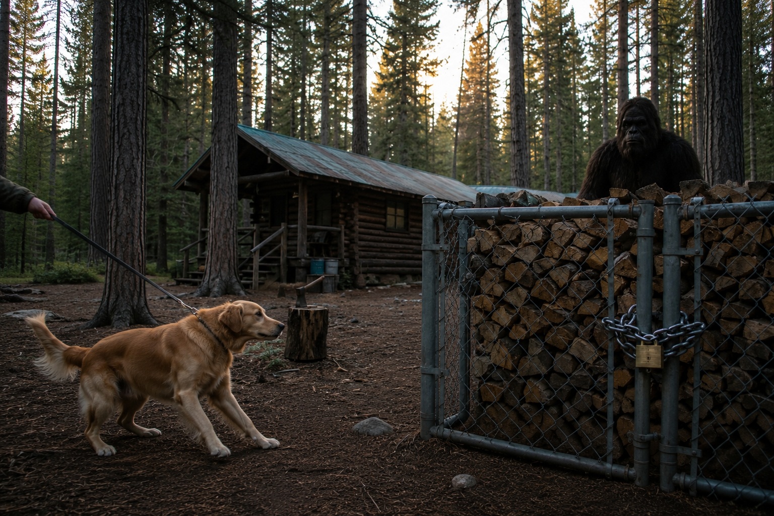 Editorial recreation of the Ranger Cabin Camera Caught Bigfoot Watching From Behind The Woodpile story, image 2.