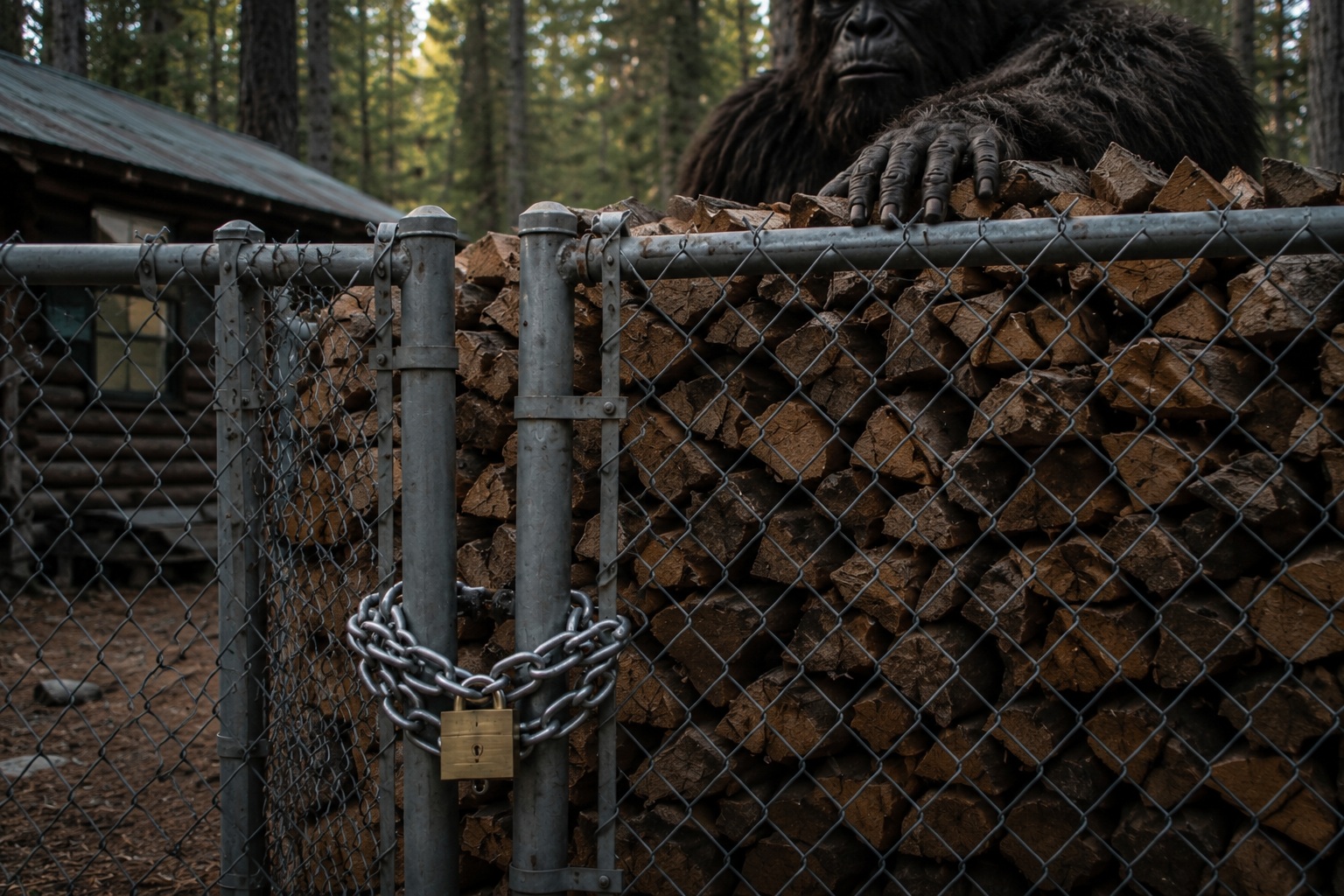 Editorial recreation of the Ranger Cabin Camera Caught Bigfoot Watching From Behind The Woodpile story, image 3.