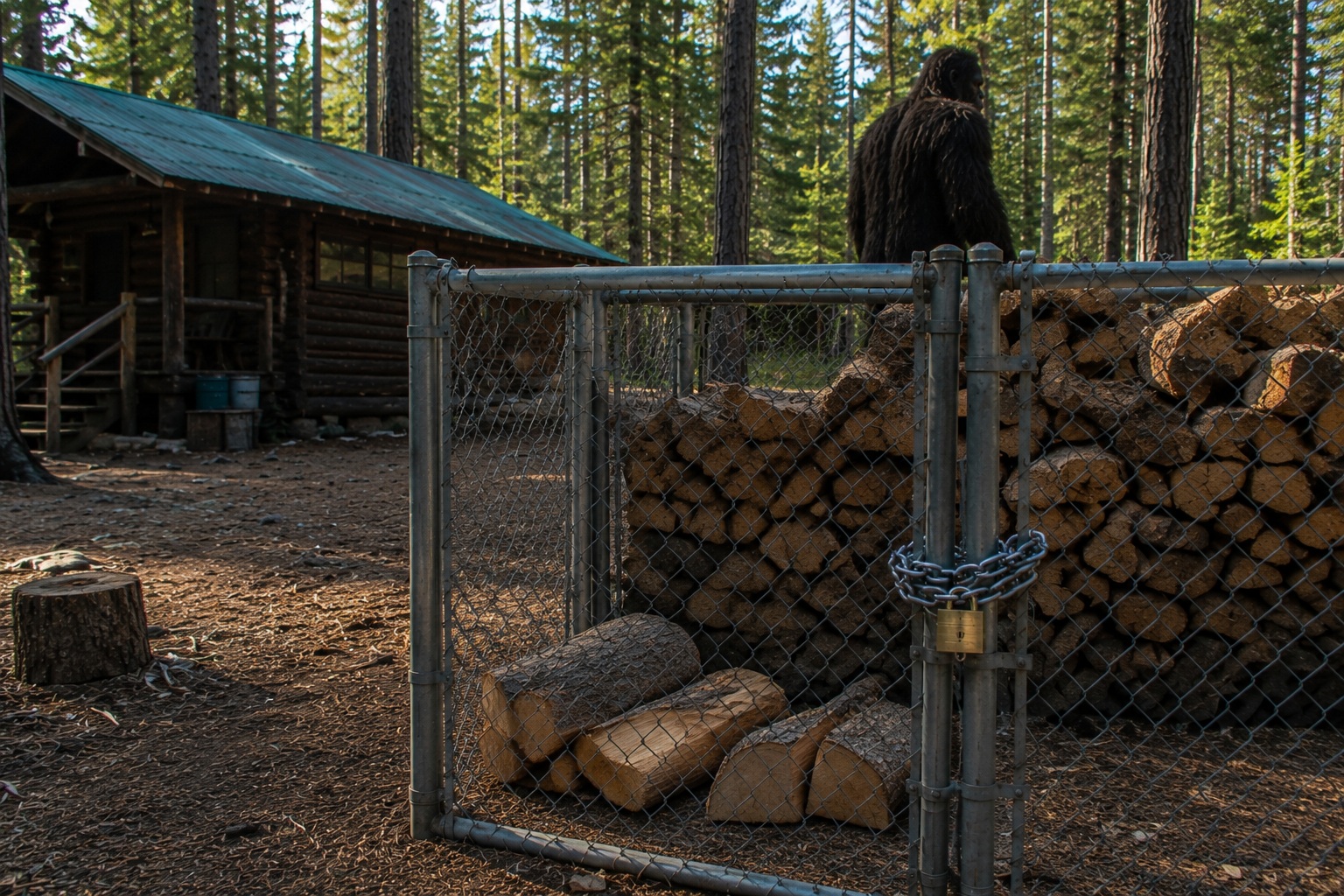 Editorial recreation of the Ranger Cabin Camera Caught Bigfoot Watching From Behind The Woodpile story, image 4.