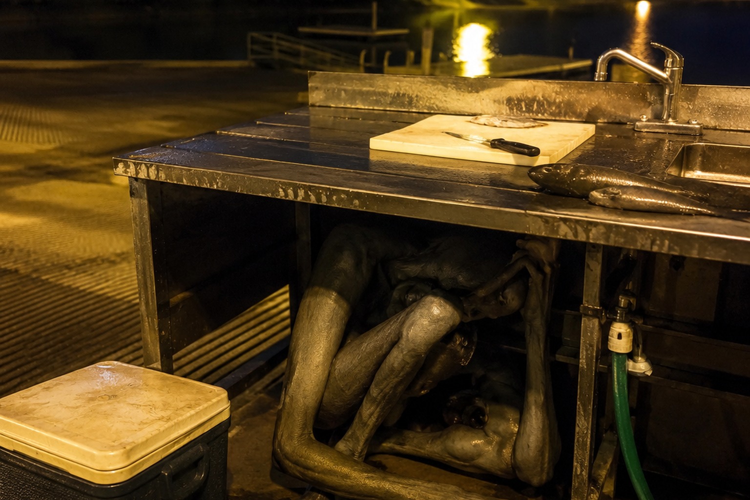 The Riverside Boat Ramp Photo Showed A Hairless Crooked Thing Under The Fish Cleaning Table reconstructed scene image 1