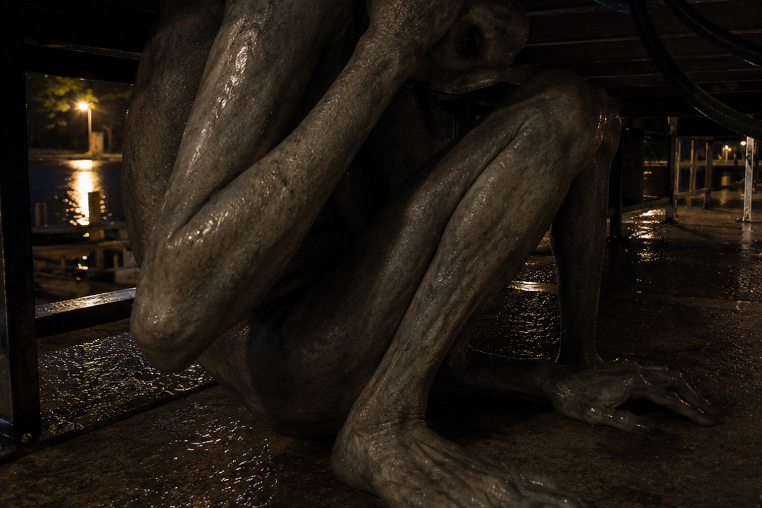 The Riverside Boat Ramp Photo Showed A Hairless Crooked Thing Under The Fish Cleaning Table reconstructed scene image 2