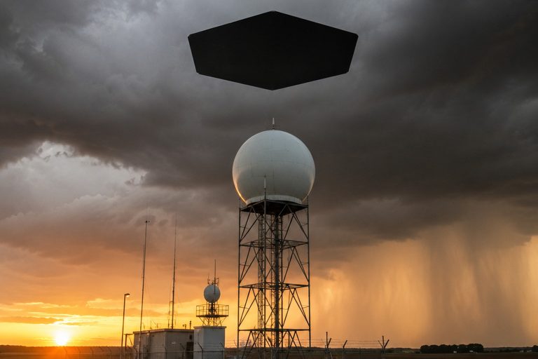 Editorial recreation of the Rural Weather Radar Camera Caught A Dark Hexagon Hanging Above The Storm Tower story, image 1.