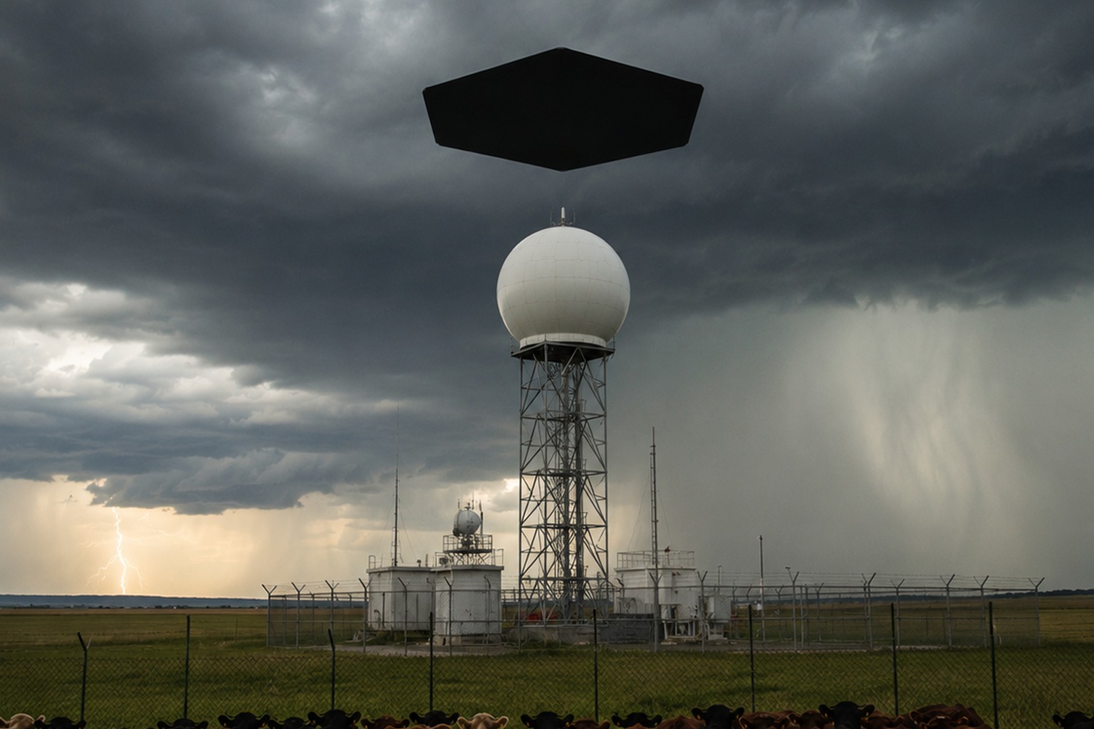 Editorial recreation of the Rural Weather Radar Camera Caught A Dark Hexagon Hanging Above The Storm Tower story, image 2.