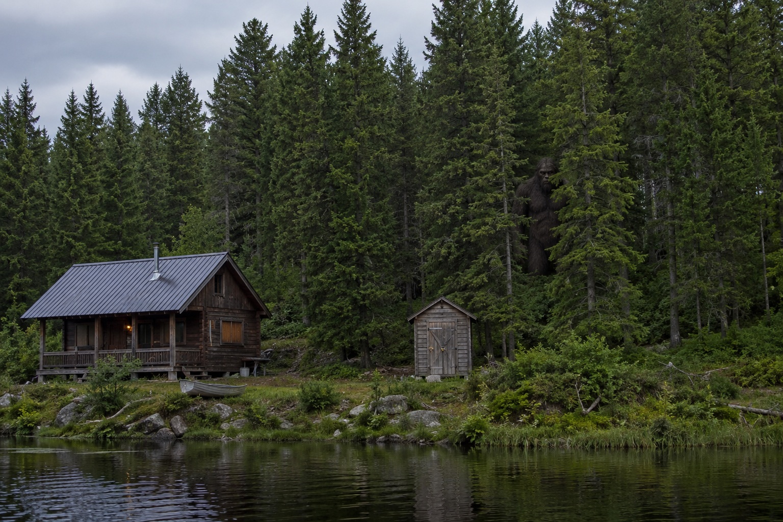 Editorial recreation of the Trail Camera Caught Bigfoot Half Hidden In The Pine Trees Behind The Fishing Cabin story, image 1.