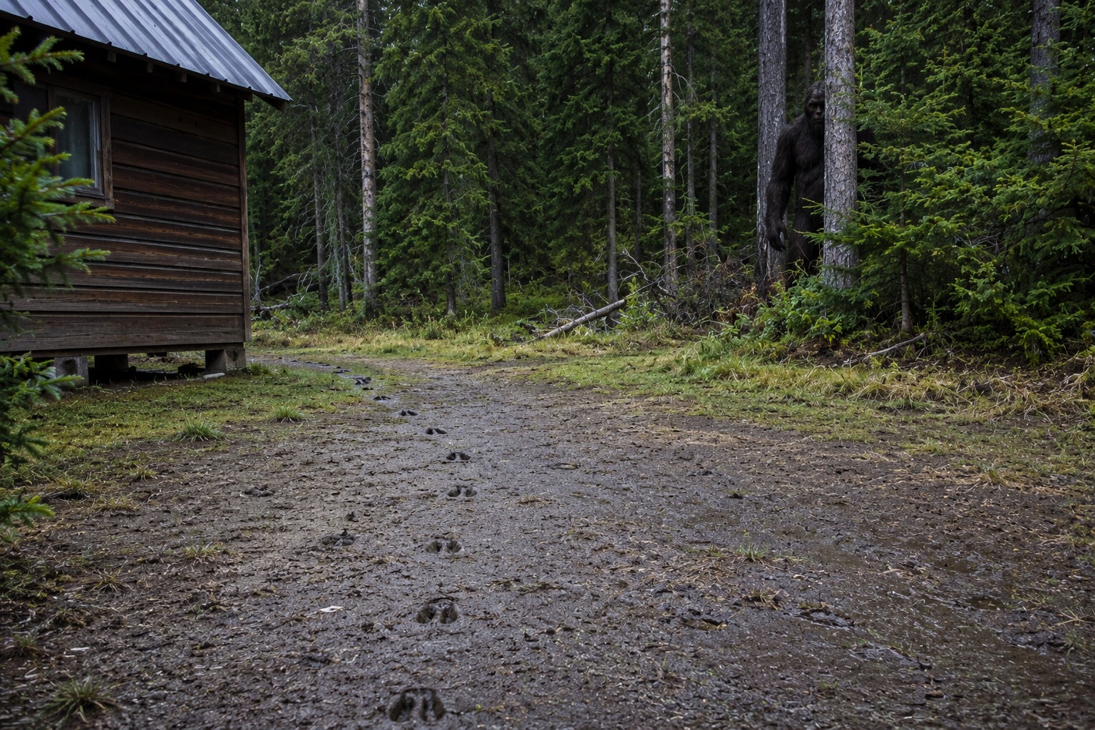 Editorial recreation of the Trail Camera Caught Bigfoot Half Hidden In The Pine Trees Behind The Fishing Cabin story, image 2.