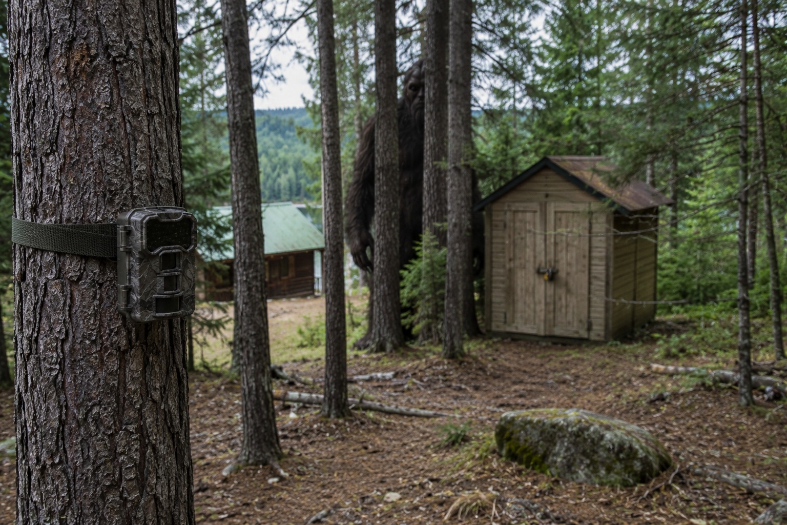 Editorial recreation of the Trail Camera Caught Bigfoot Half Hidden In The Pine Trees Behind The Fishing Cabin story, image 3.