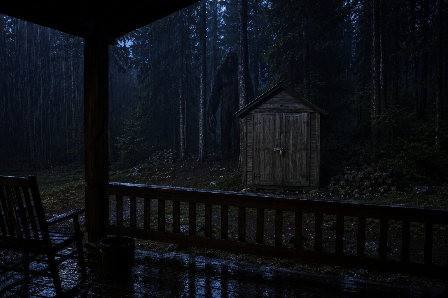 Editorial recreation of the Trail Camera Caught Bigfoot Half Hidden In The Pine Trees Behind The Fishing Cabin story, image 4.