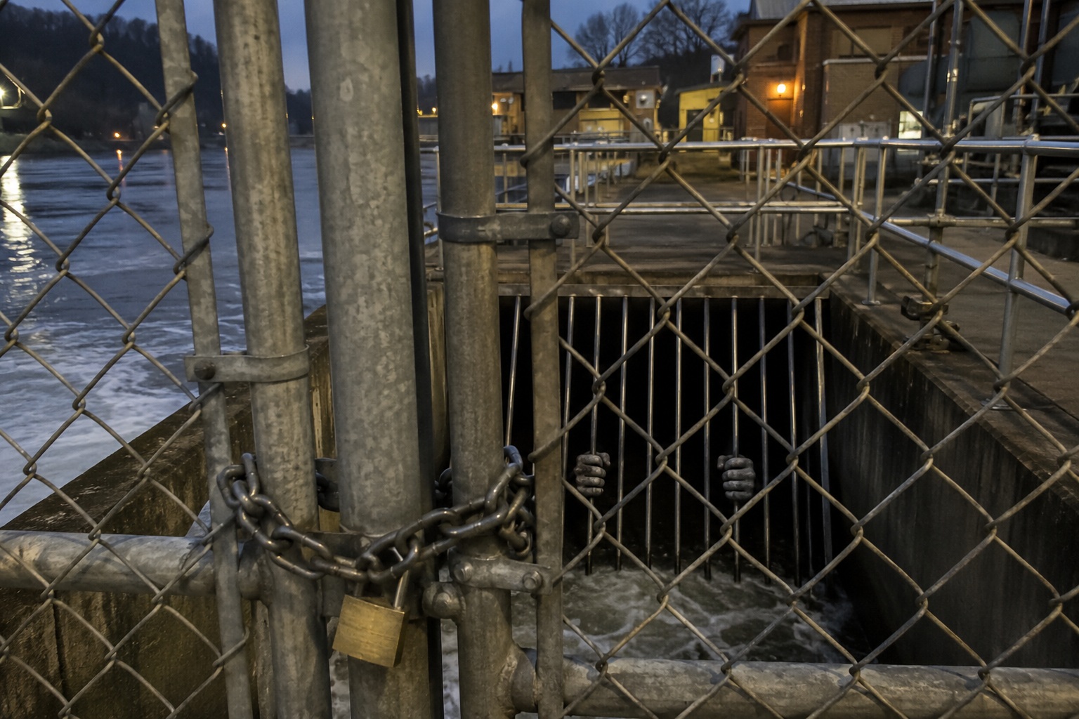 Editorial recreation of the Water Treatment Plant Camera Saw Webbed Hands Inside The Intake Gate story, image 1.