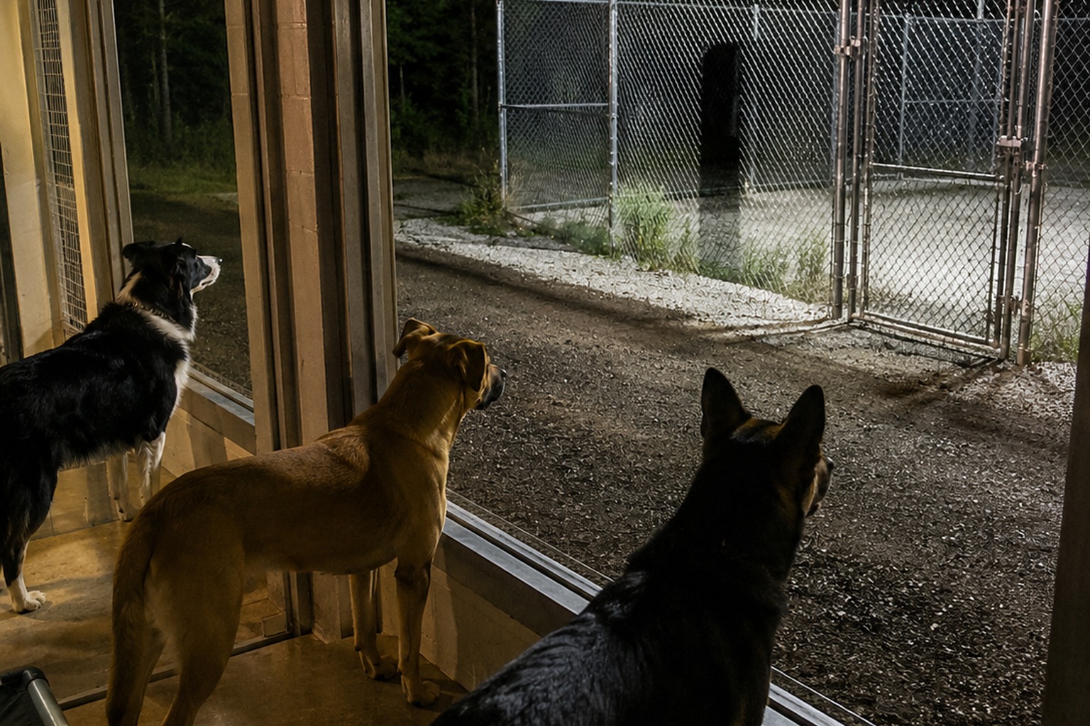 Editorial recreation of the Wildlife Rehab Night Camera Showed Every Dog Staring Into The Empty Quarantine Run story, image 1.