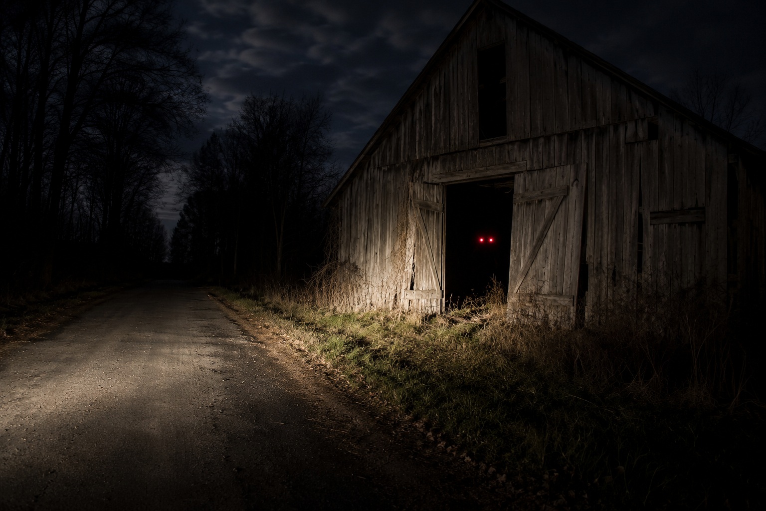 Editorial recreation of the Why Do People Report Red Eyes Near Abandoned Barns? story, image 1.