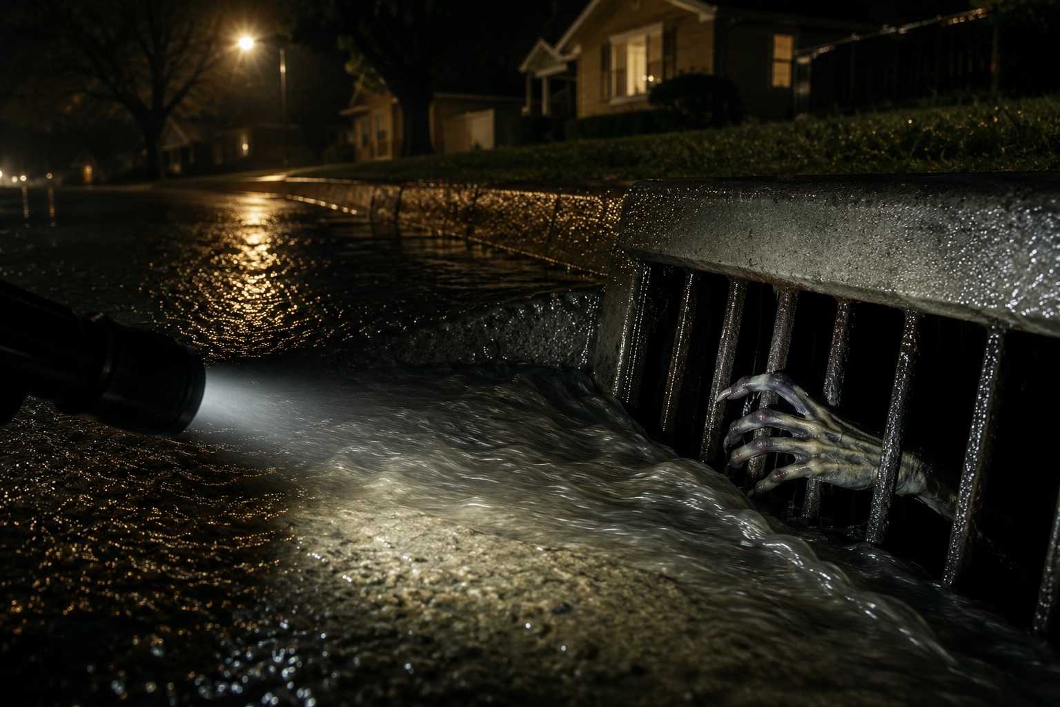 Editorial recreation of the Why Do River Creature Stories Start Near Storm Drains? story, image 1.
