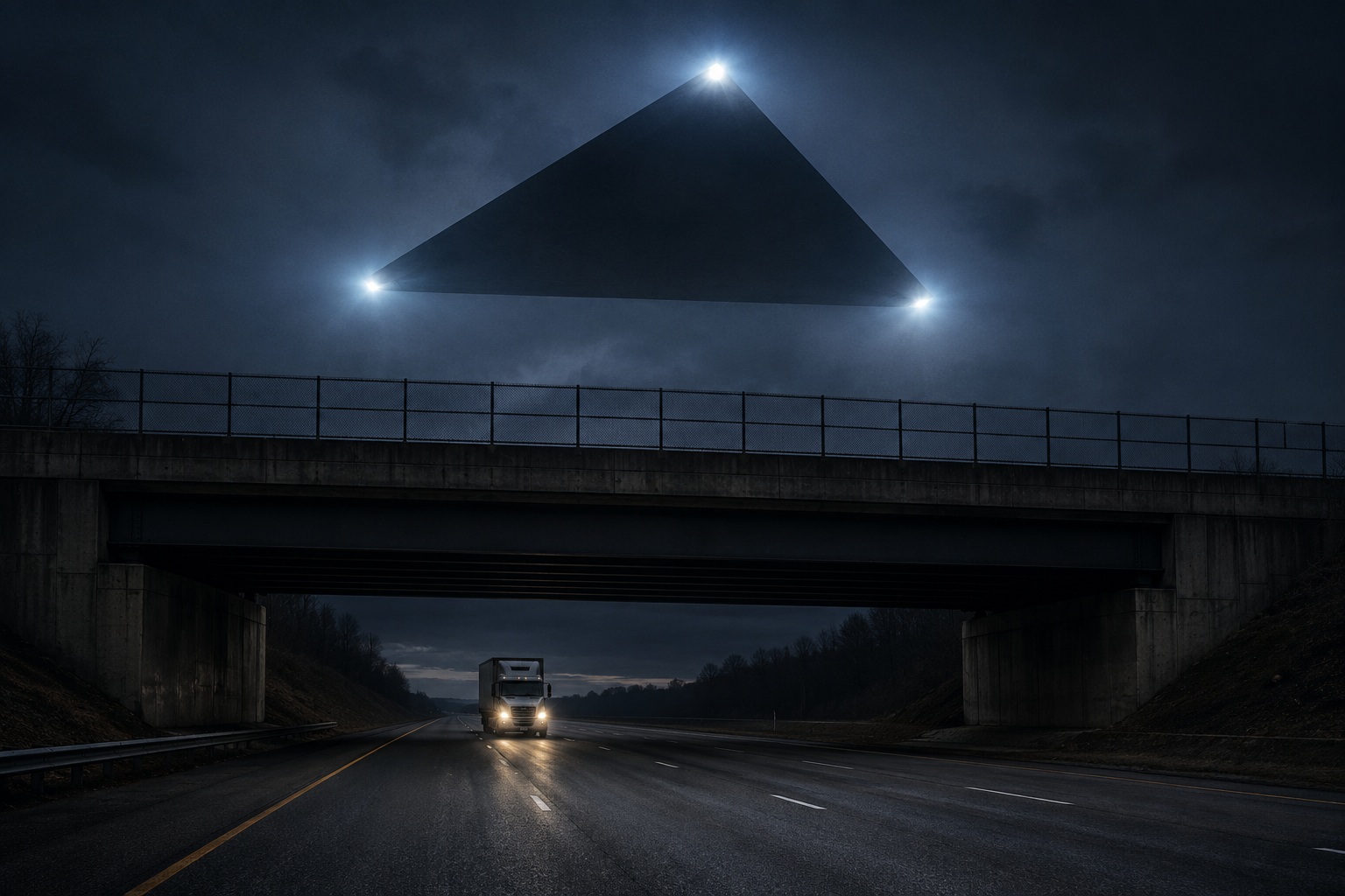 Editorial recreation of the Why Do UFO Witnesses See Triangles Above Highway Overpasses? story, image 1.