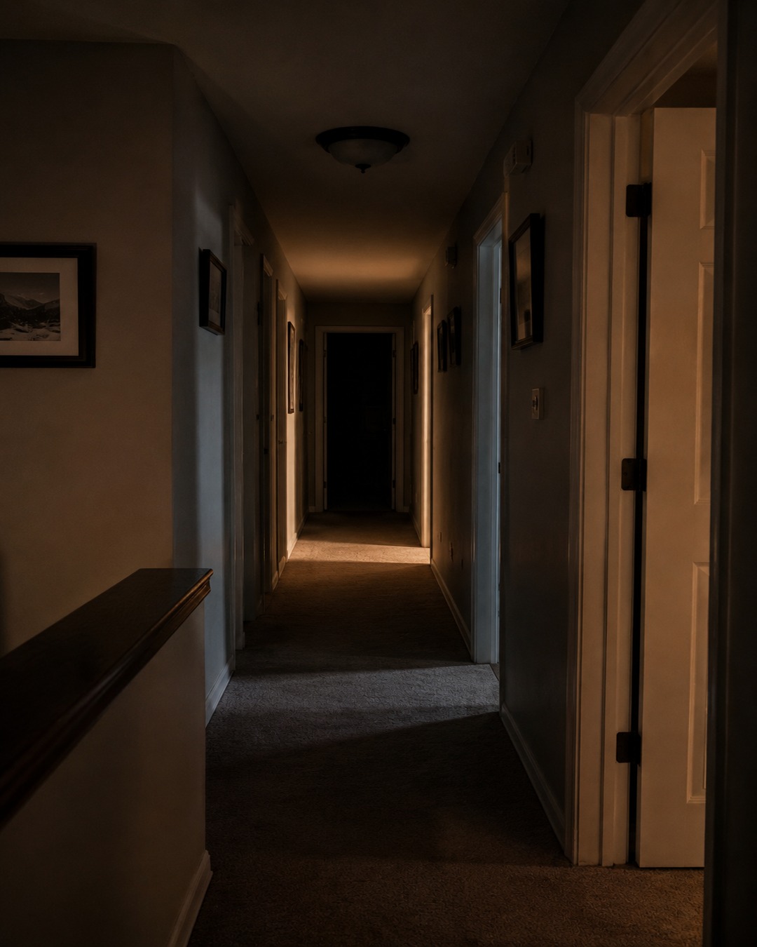 Editorial illustration of an empty dim hallway used to explain apparition reports and low-light interpretation.