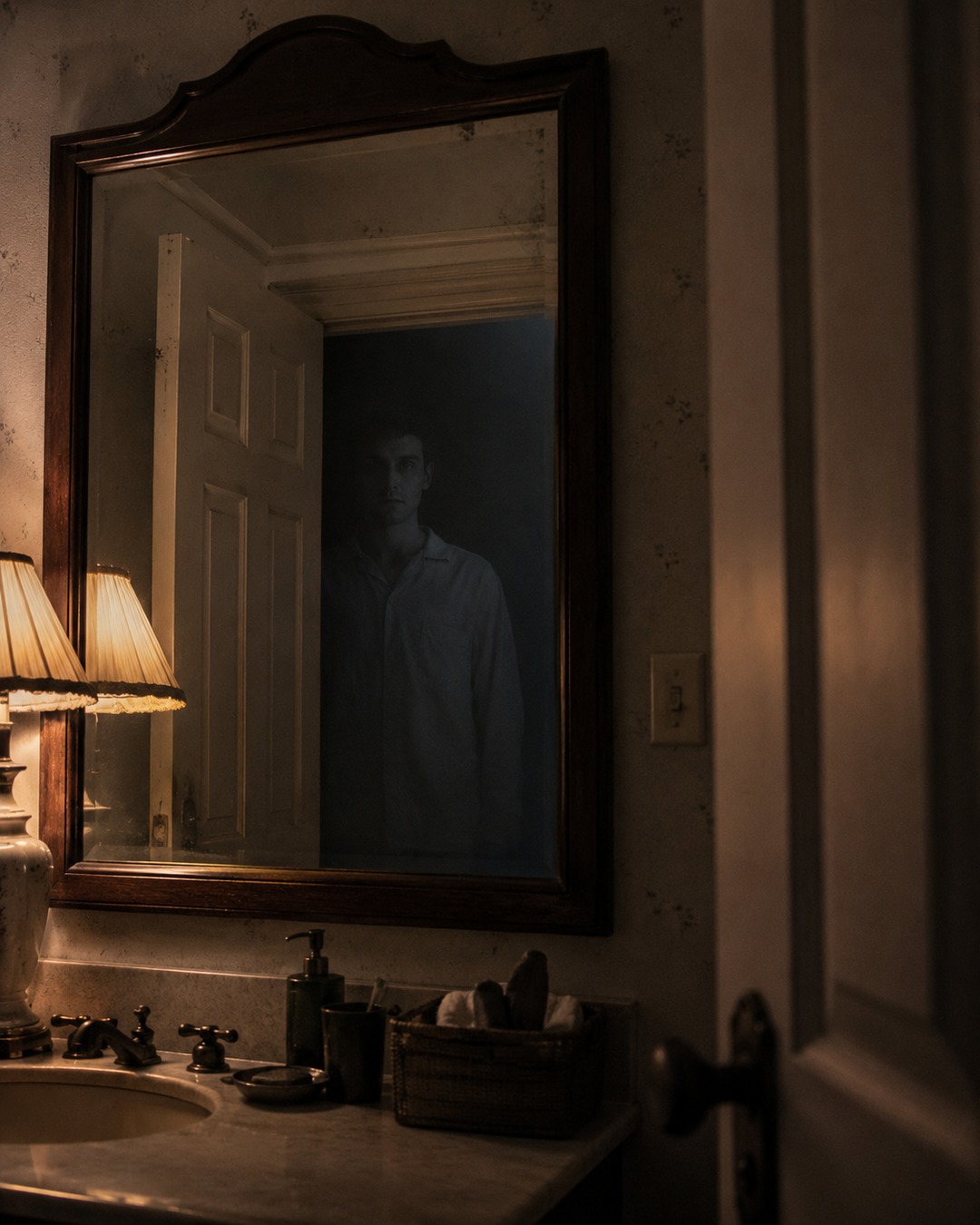 Editorial illustration of a human-like apparition visible in a mirror behind the viewer.