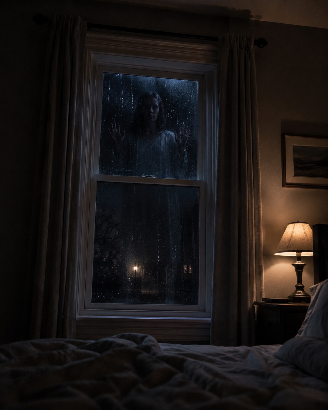 Editorial illustration of a pale apparition standing outside a rain-streaked bedroom window.