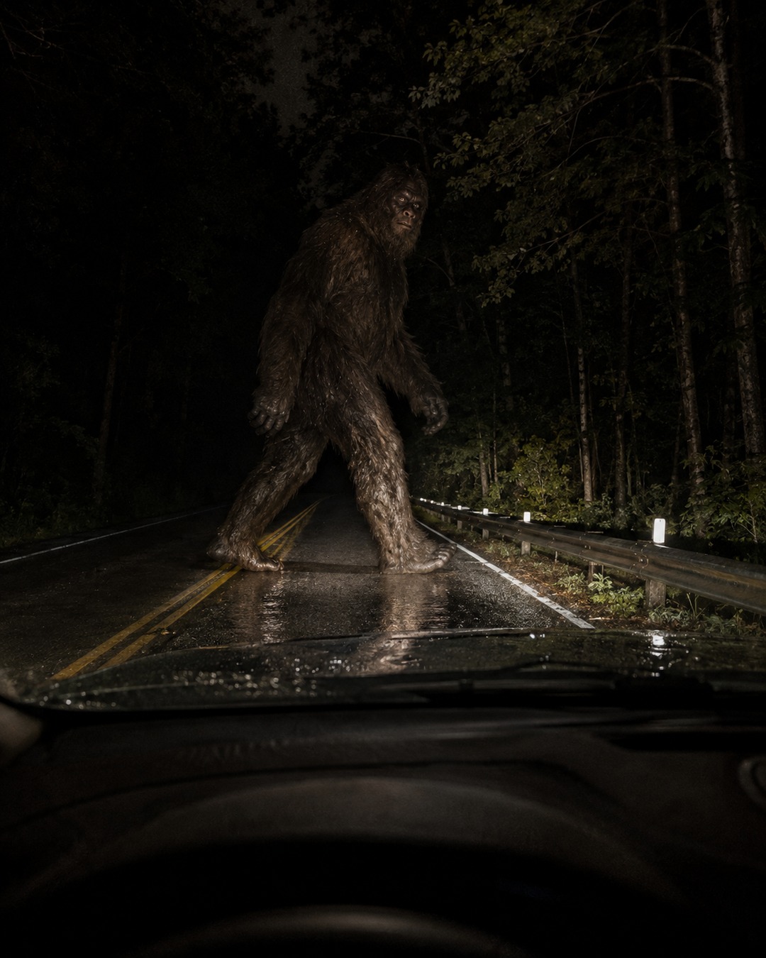 Editorial illustration of a tall Bigfoot-like figure crossing a wet rural road in headlights.