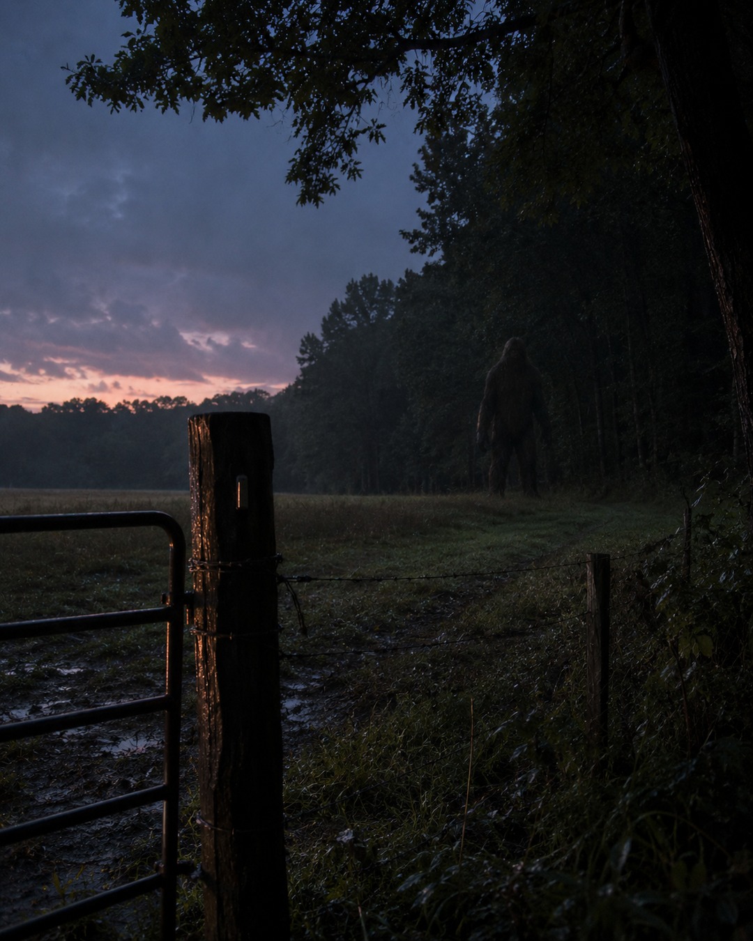 Editorial illustration of a Bigfoot-like silhouette standing at a treeline beyond a rural fence.