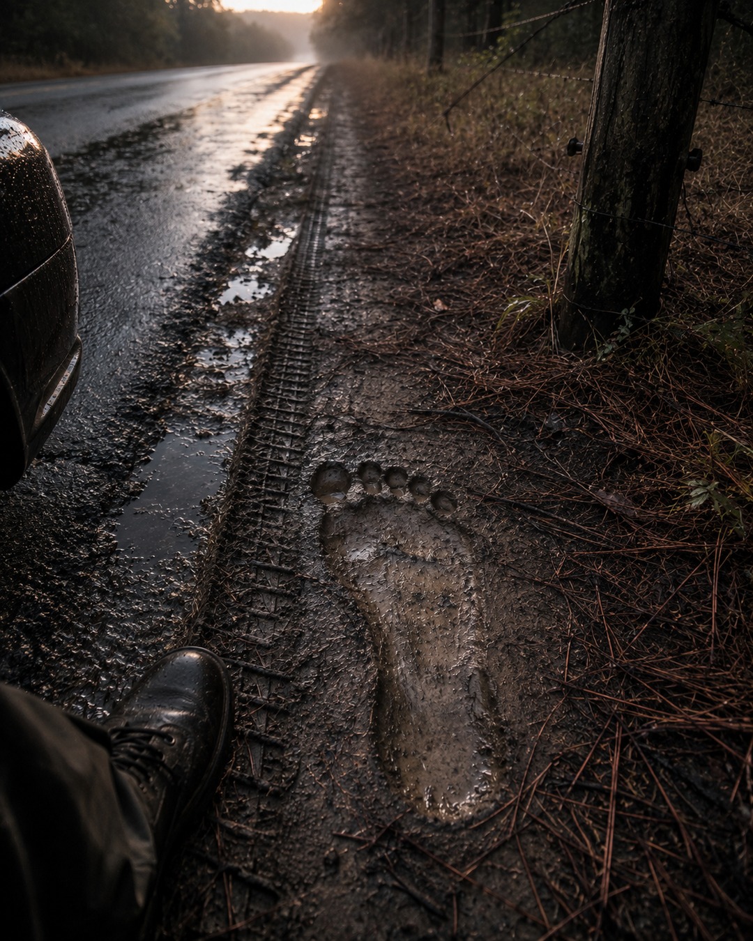 Editorial illustration of a large muddy barefoot track on a rural roadside shoulder after rain.