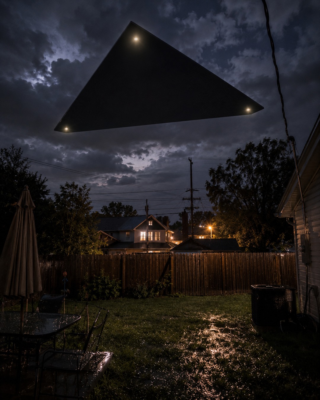 Editorial illustration of a large black triangular UAP hovering low above suburban rooftops.
