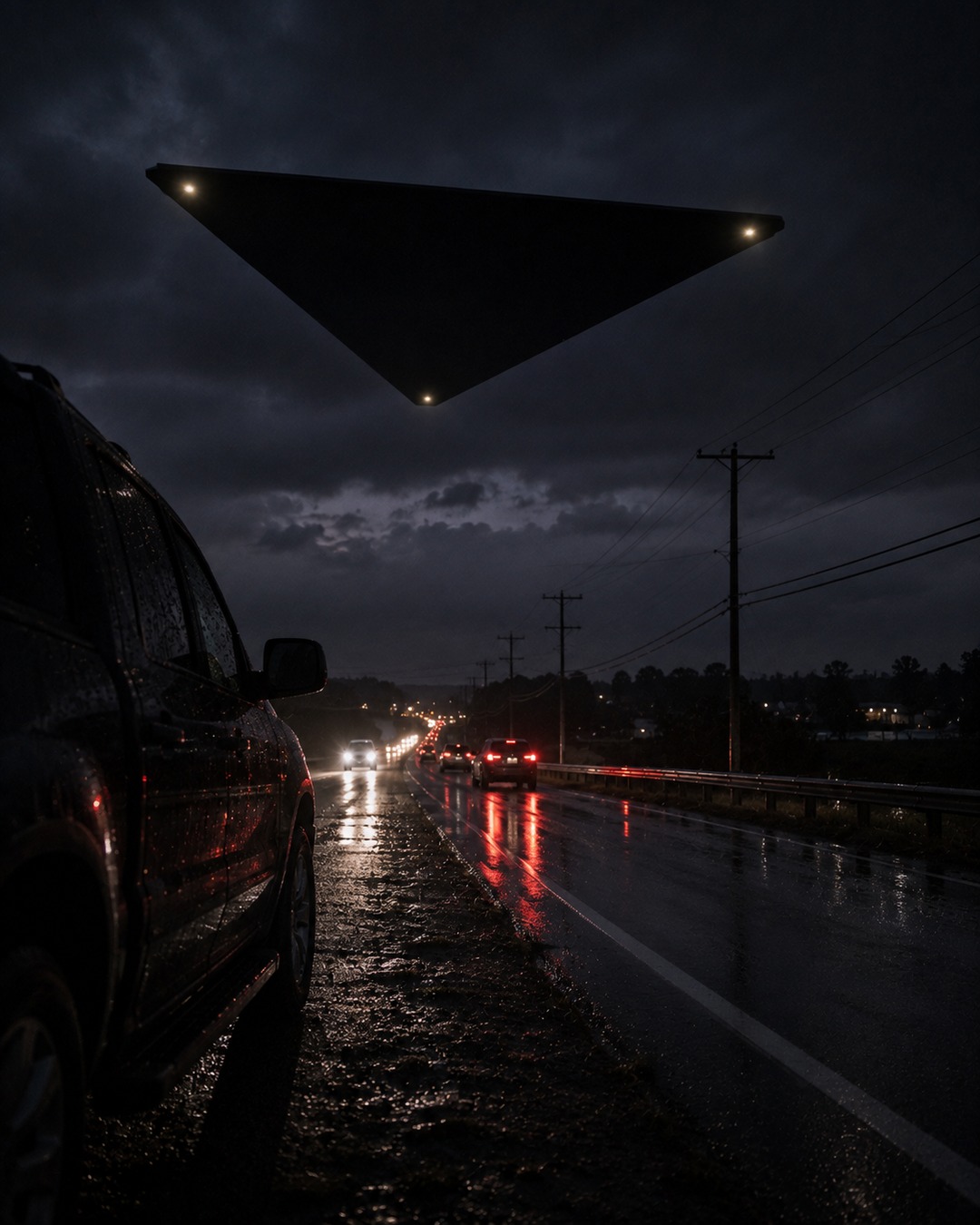 Editorial illustration of a black triangular UAP above a wet highway with cars for scale.