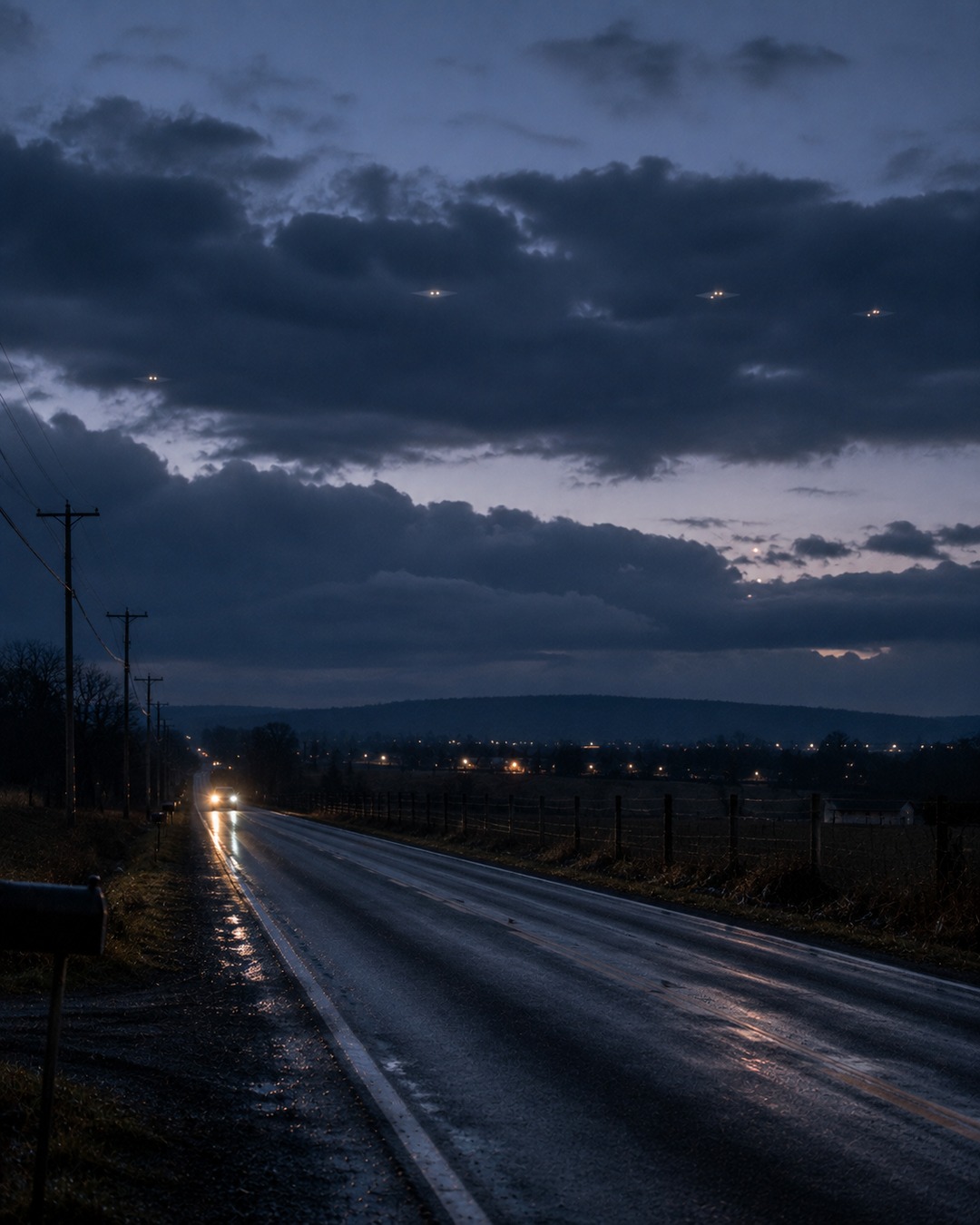 Editorial illustration of distant lights near low clouds and utility poles, showing how ordinary reference points affect UFO interpretation.