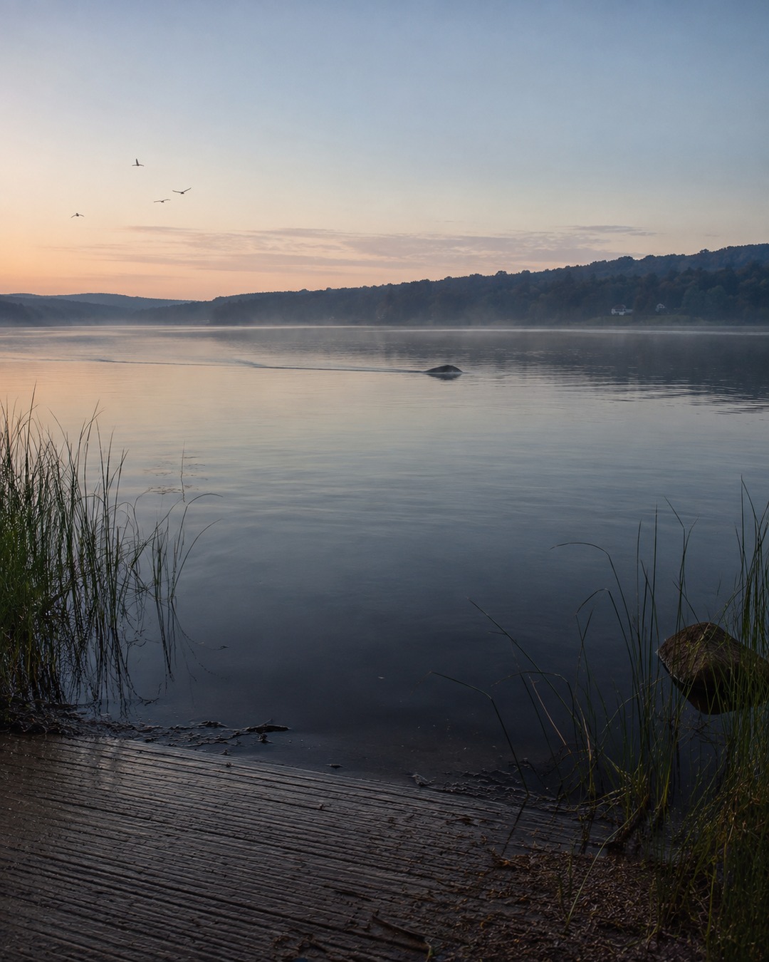 Editorial illustration of a wide misty lake with a small wake line far from shore.