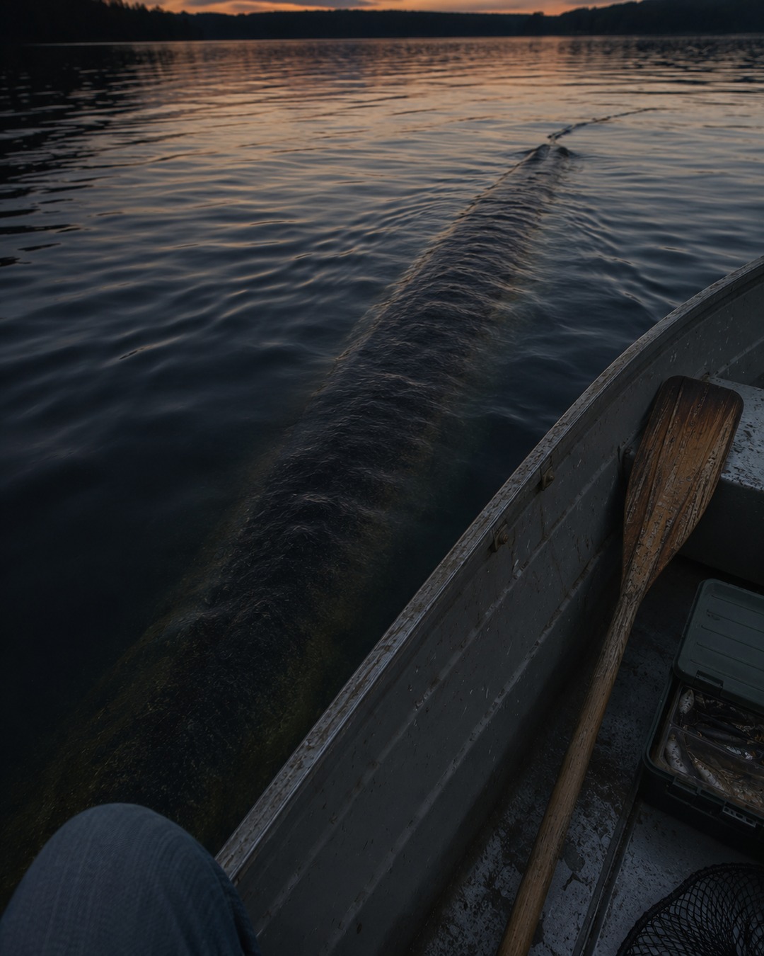 Editorial illustration of a dark elongated shape passing beneath a small boat on a lake.