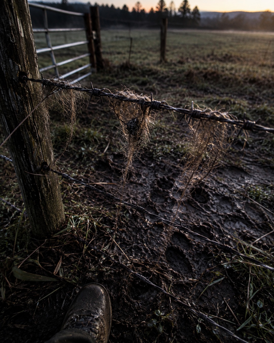 Editorial close view of deer hair wrapped around barbed wire with mud and tracks below.