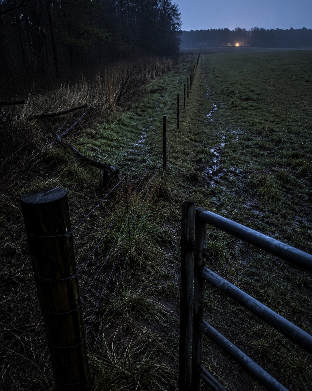 Editorial illustration of a lonely farm fence line and treeline where animal movement could be misread.