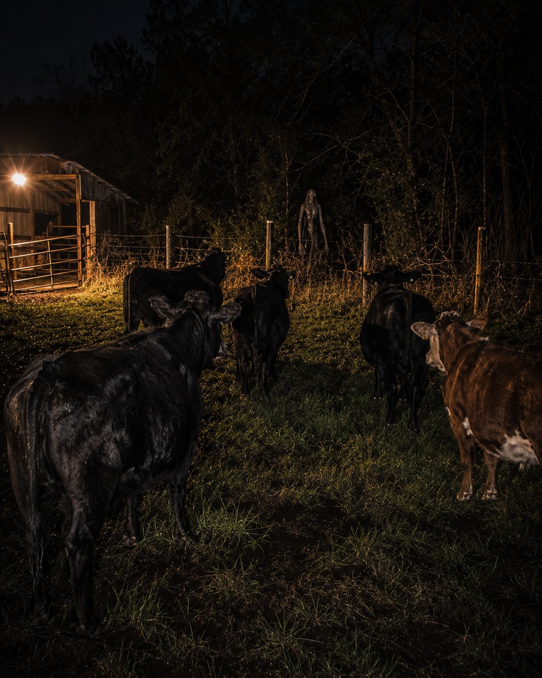 Editorial illustration of a tall pale shape beyond a fence while cattle stare in one direction.