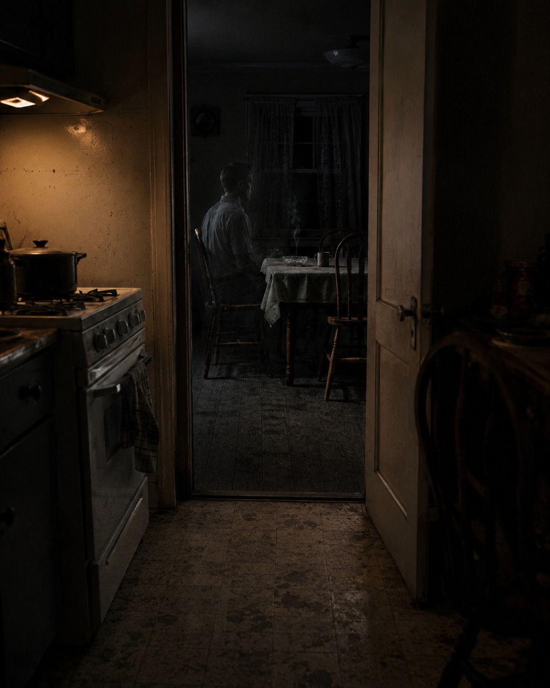 Editorial illustration of a pale apparition sitting in a kitchen chair beside a curl of cigarette smoke.