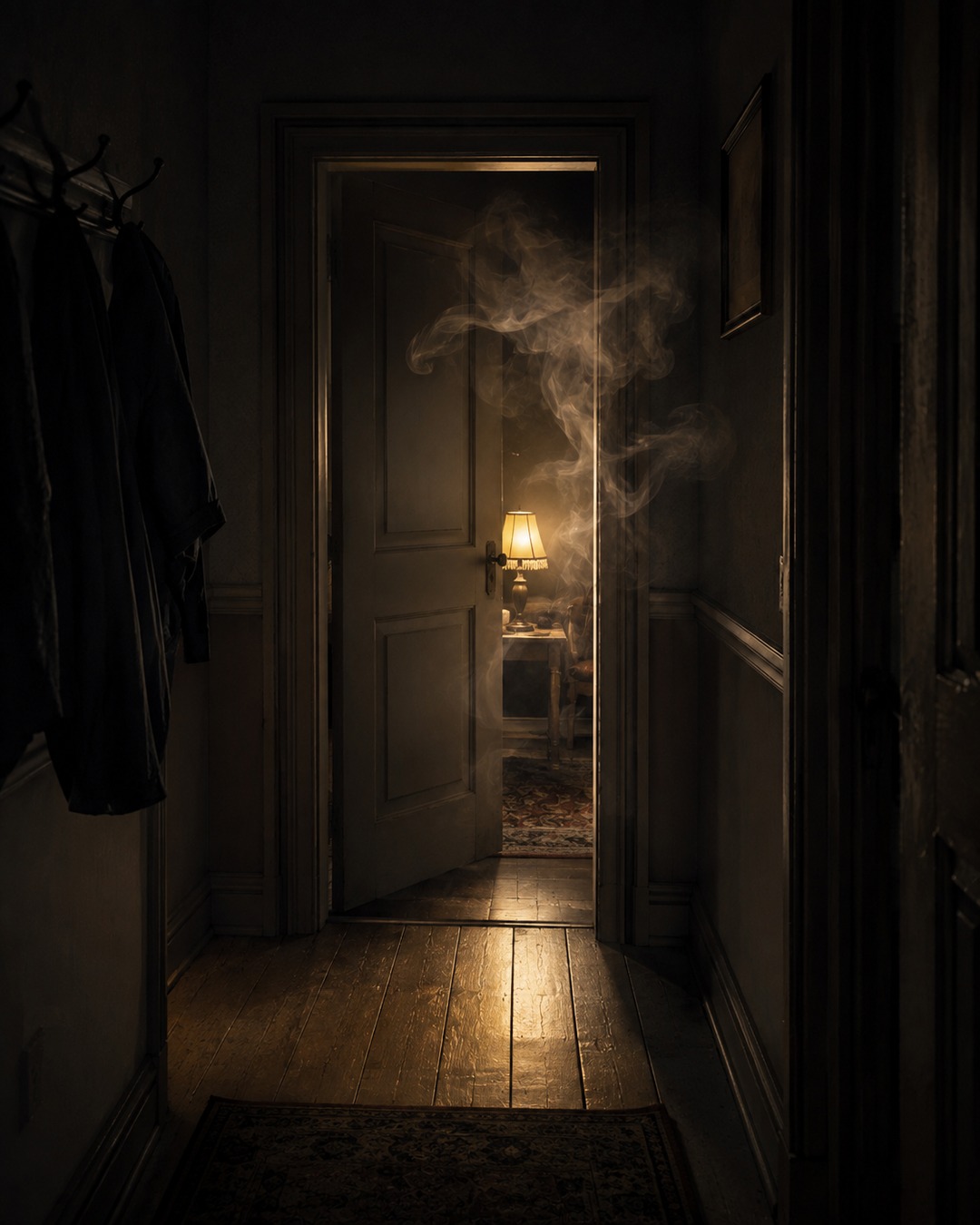 Editorial illustration of cigarette smoke curling in an empty hallway near a half-open door.