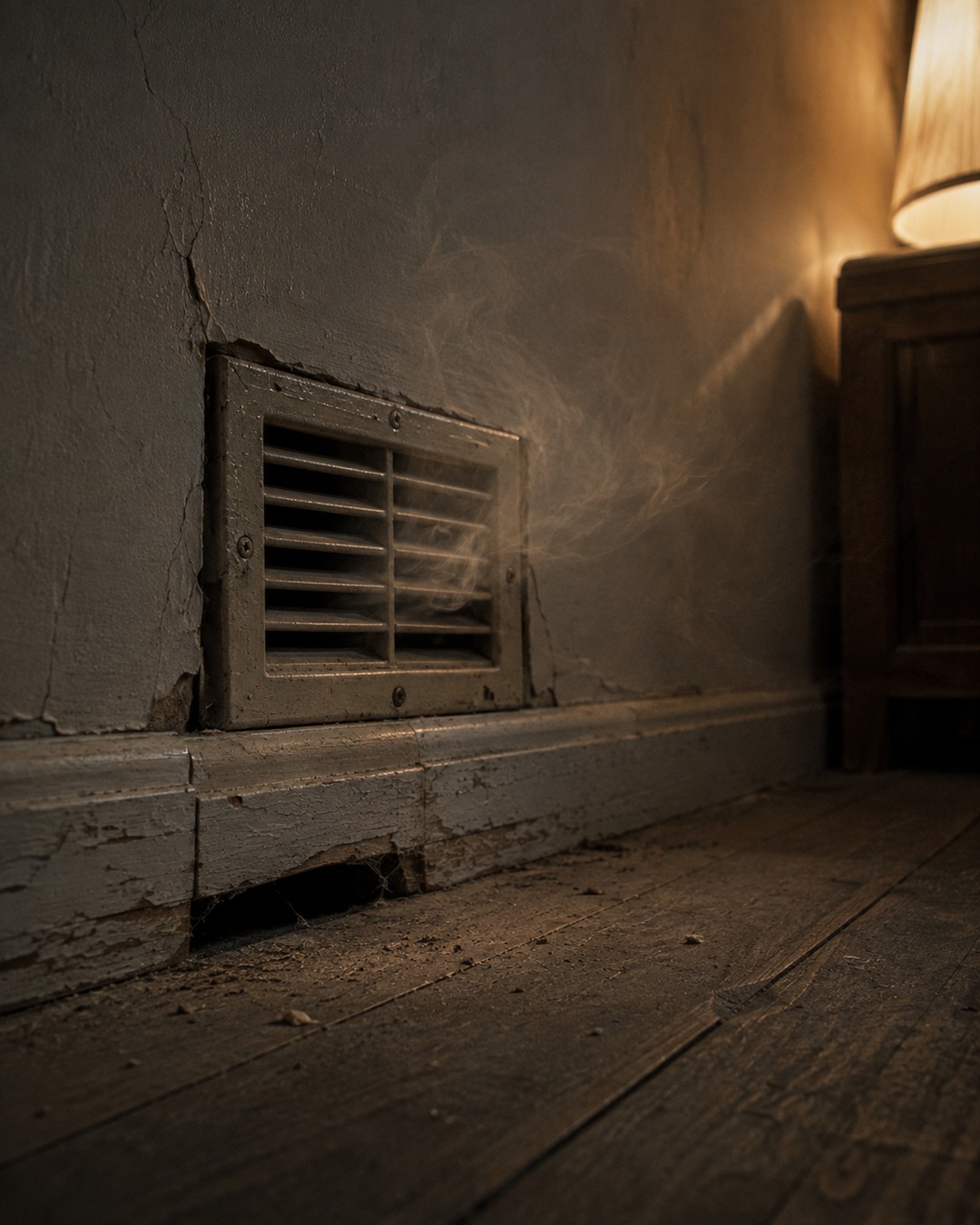 Editorial illustration of an old vent and wall gap where smoke-like smells might travel through a house.