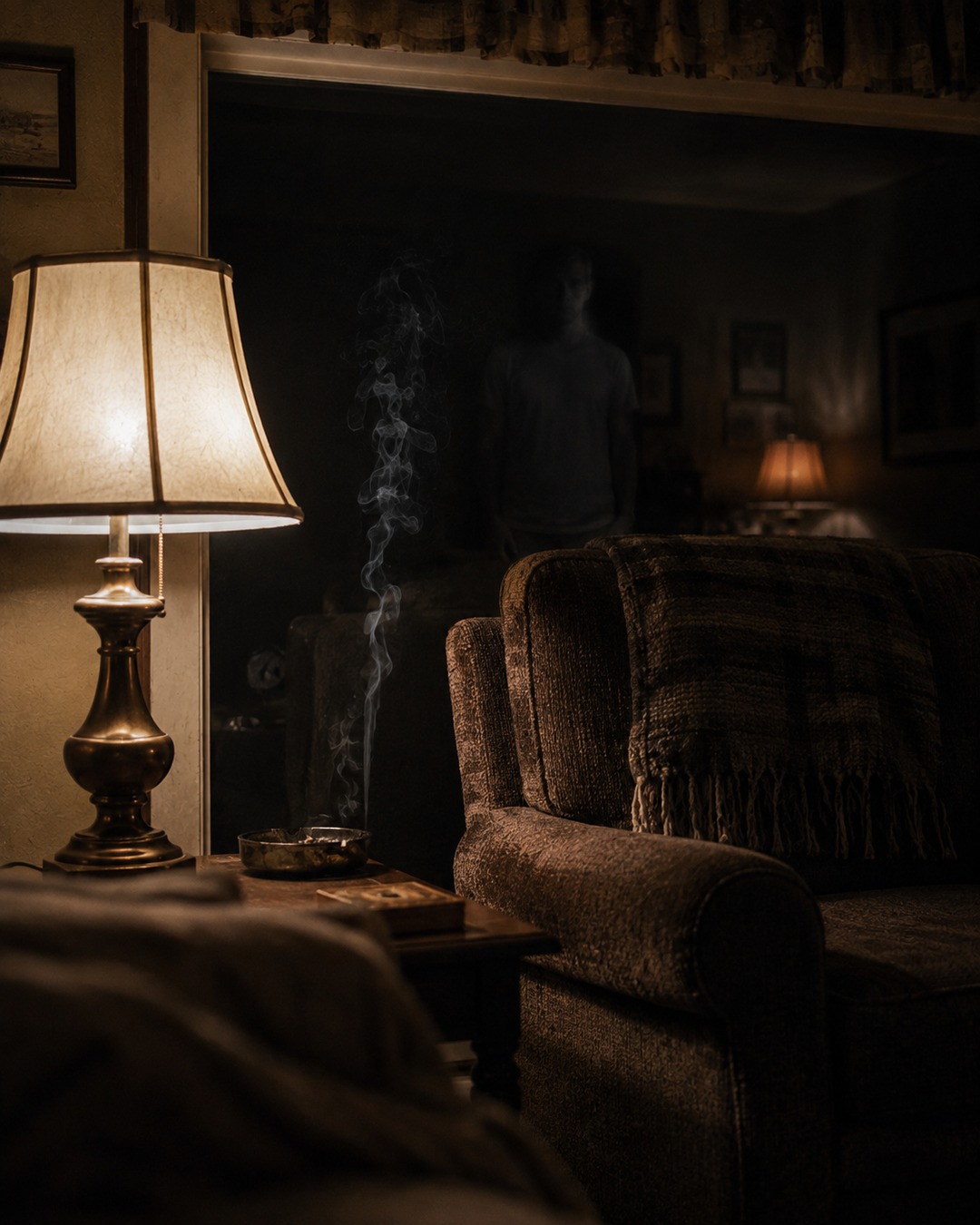 Editorial illustration of a pale figure reflected in glass near an old smoking chair.