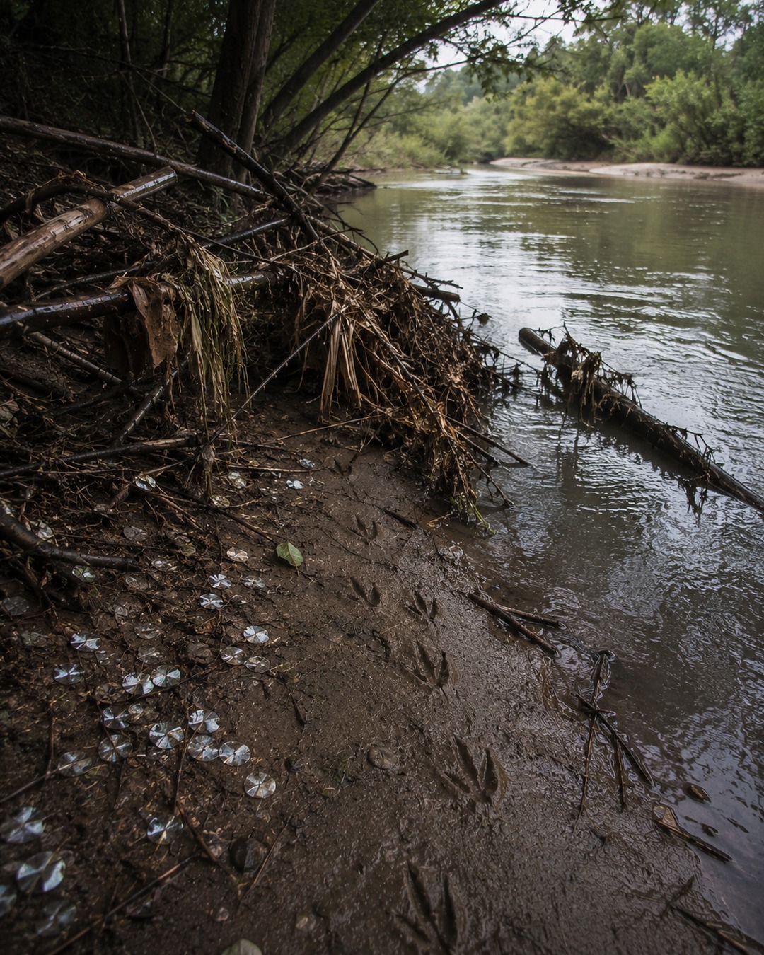 Editorial illustration of a creek bank with predator signs and high-water debris around branches.